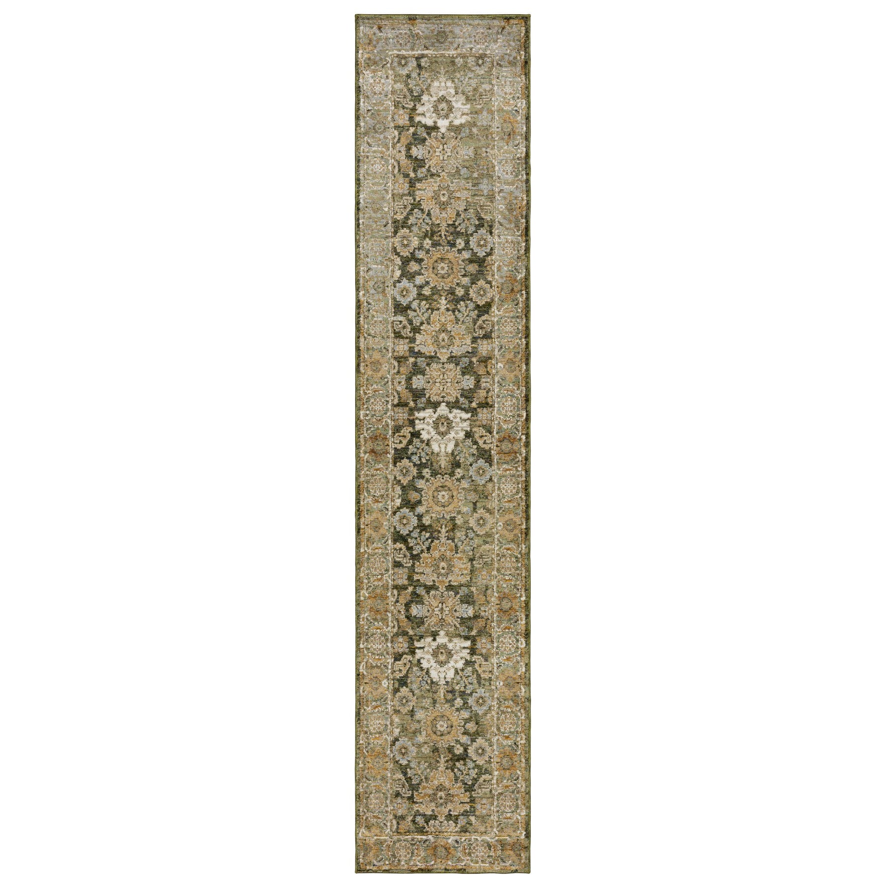 12' Green And Gold Oriental Runner Rug-4