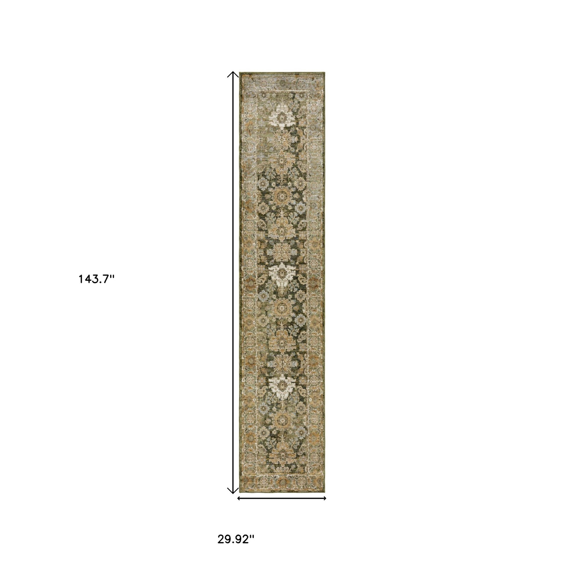 12' Green And Gold Oriental Runner Rug-2
