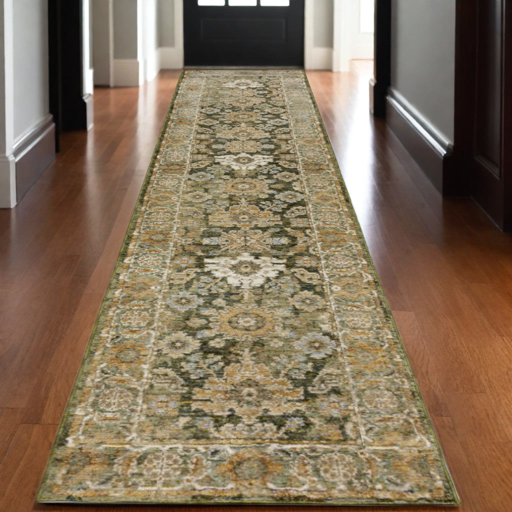 12' Green And Gold Oriental Runner Rug-0