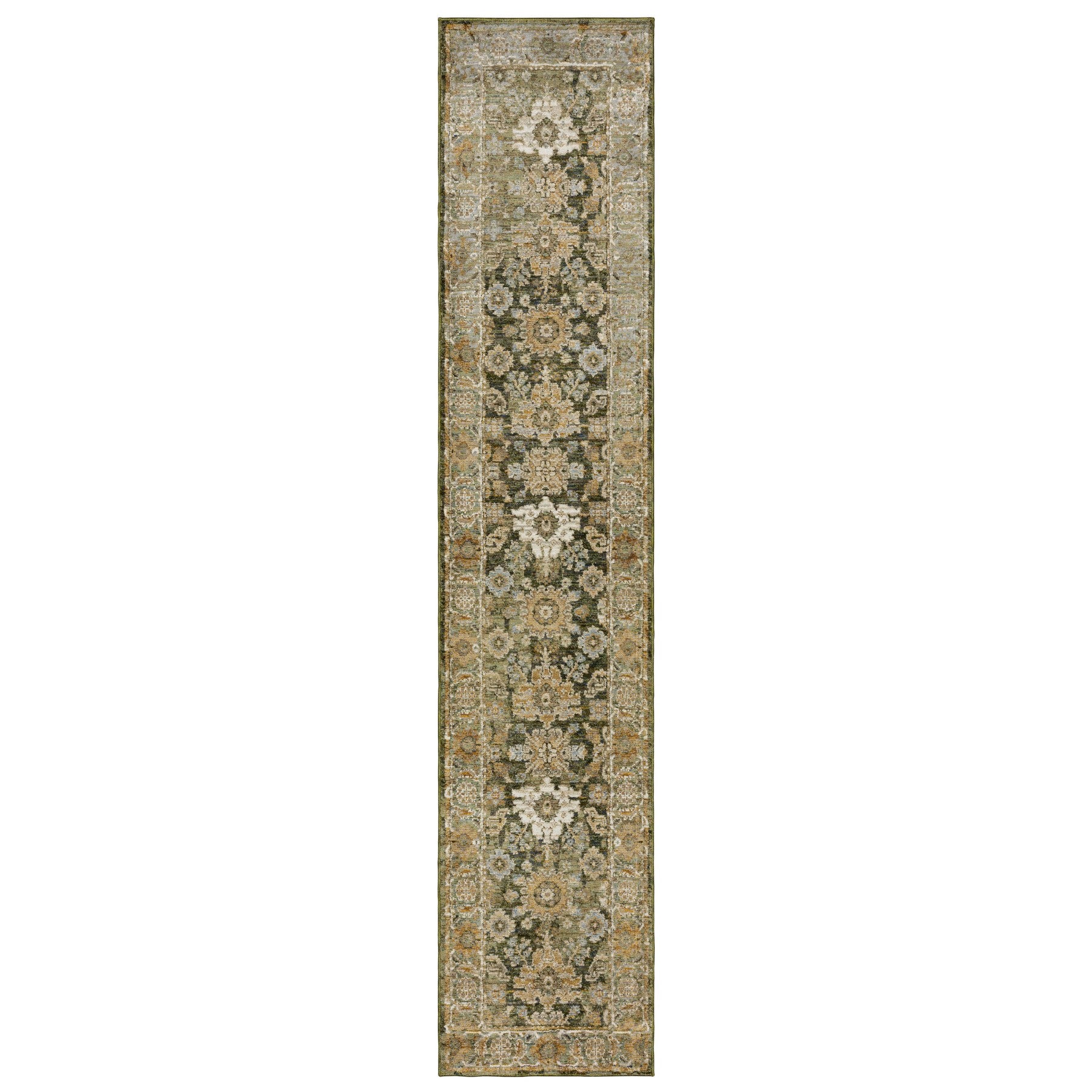 12' Green And Gold Oriental Runner Rug-1