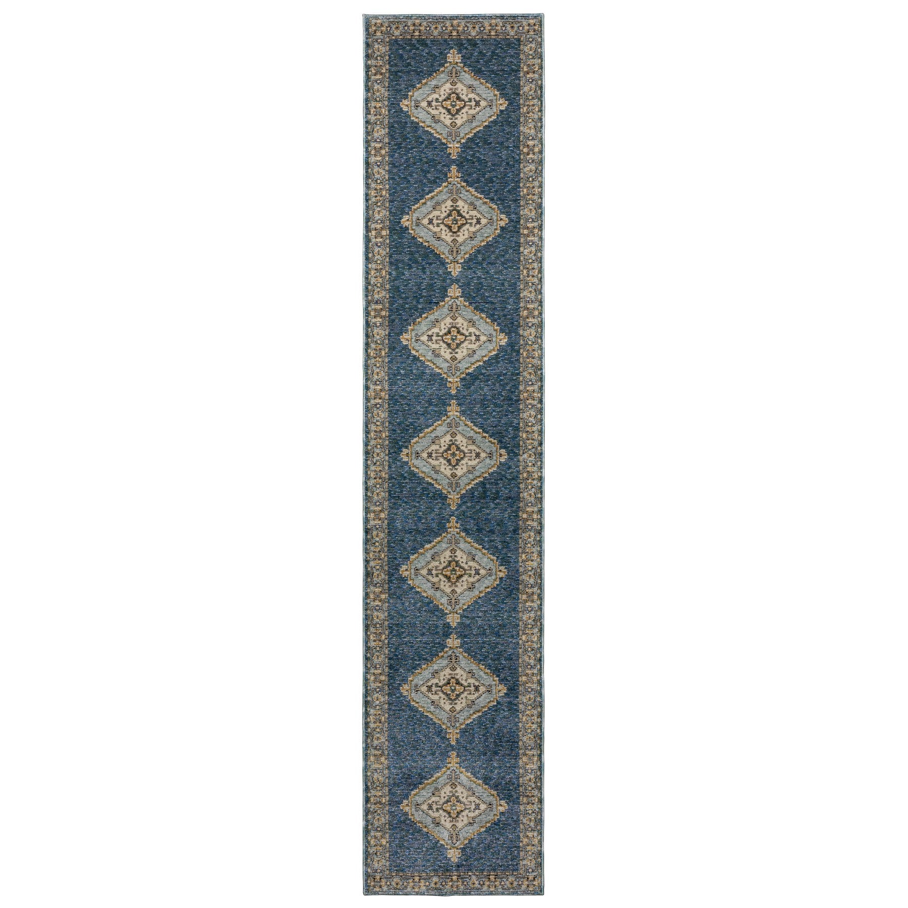 12' Blue And Gold Medallion Runner Rug-1
