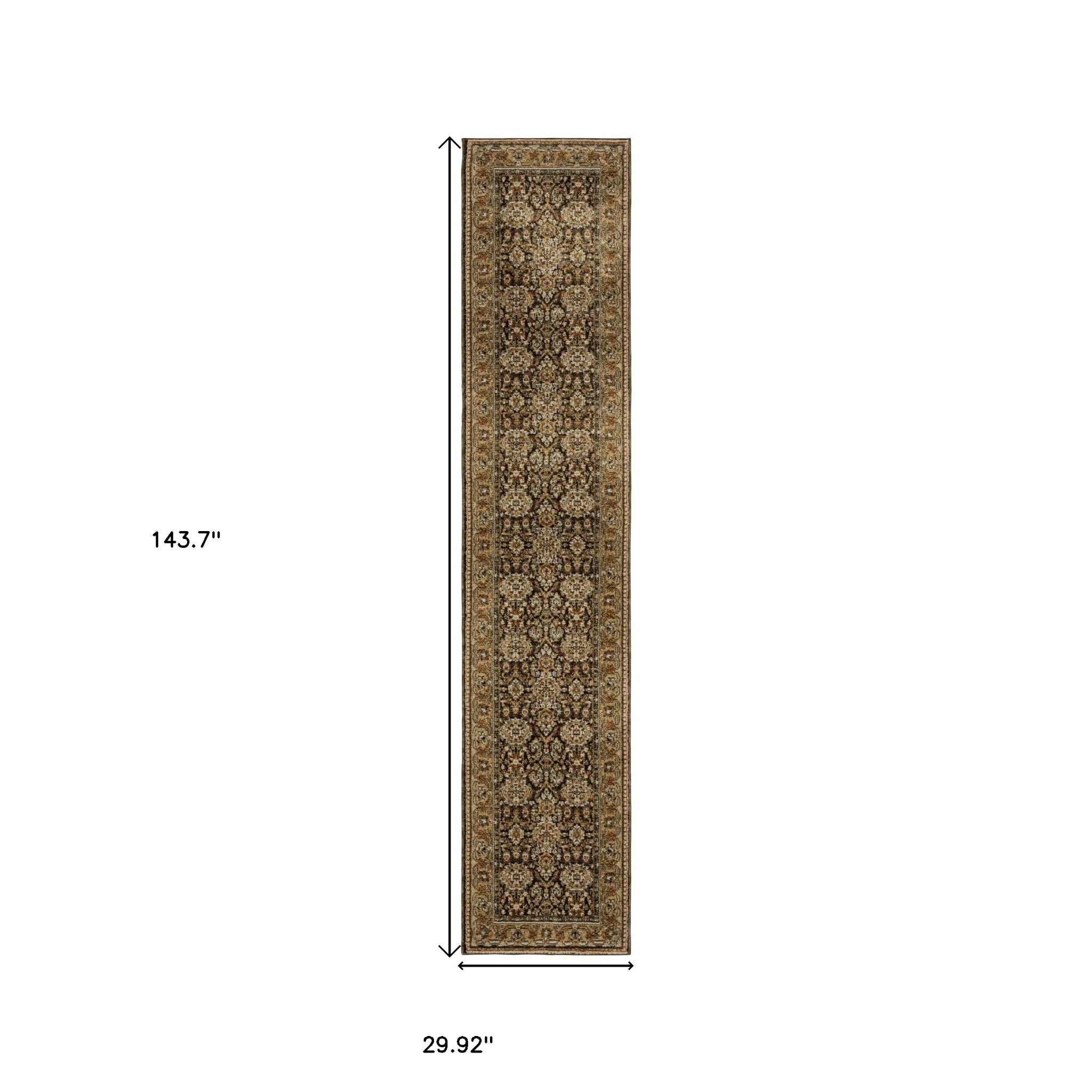 12' Brown And Gold Oriental Runner Rug-2