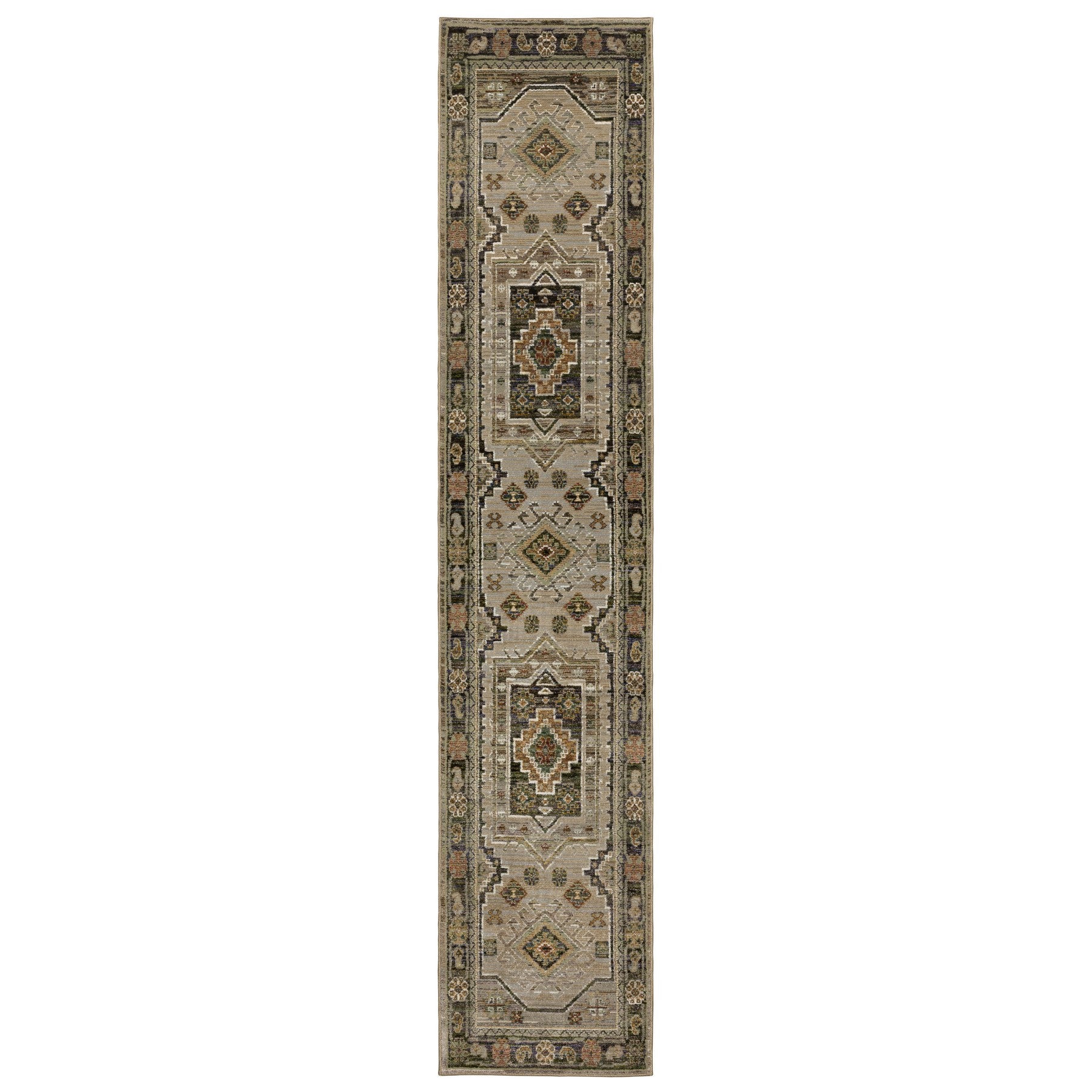 12' Gray And Green Tribal Runner Rug-1