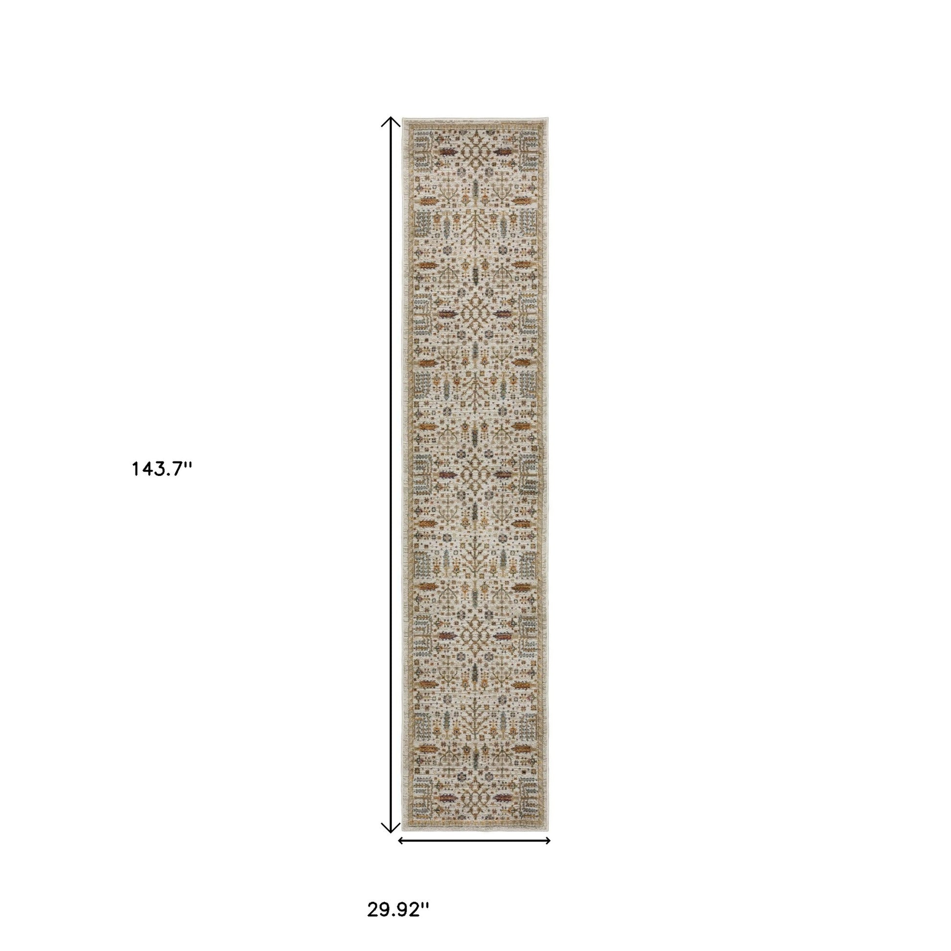 12' Ivory And Gold Oriental Runner Rug-2