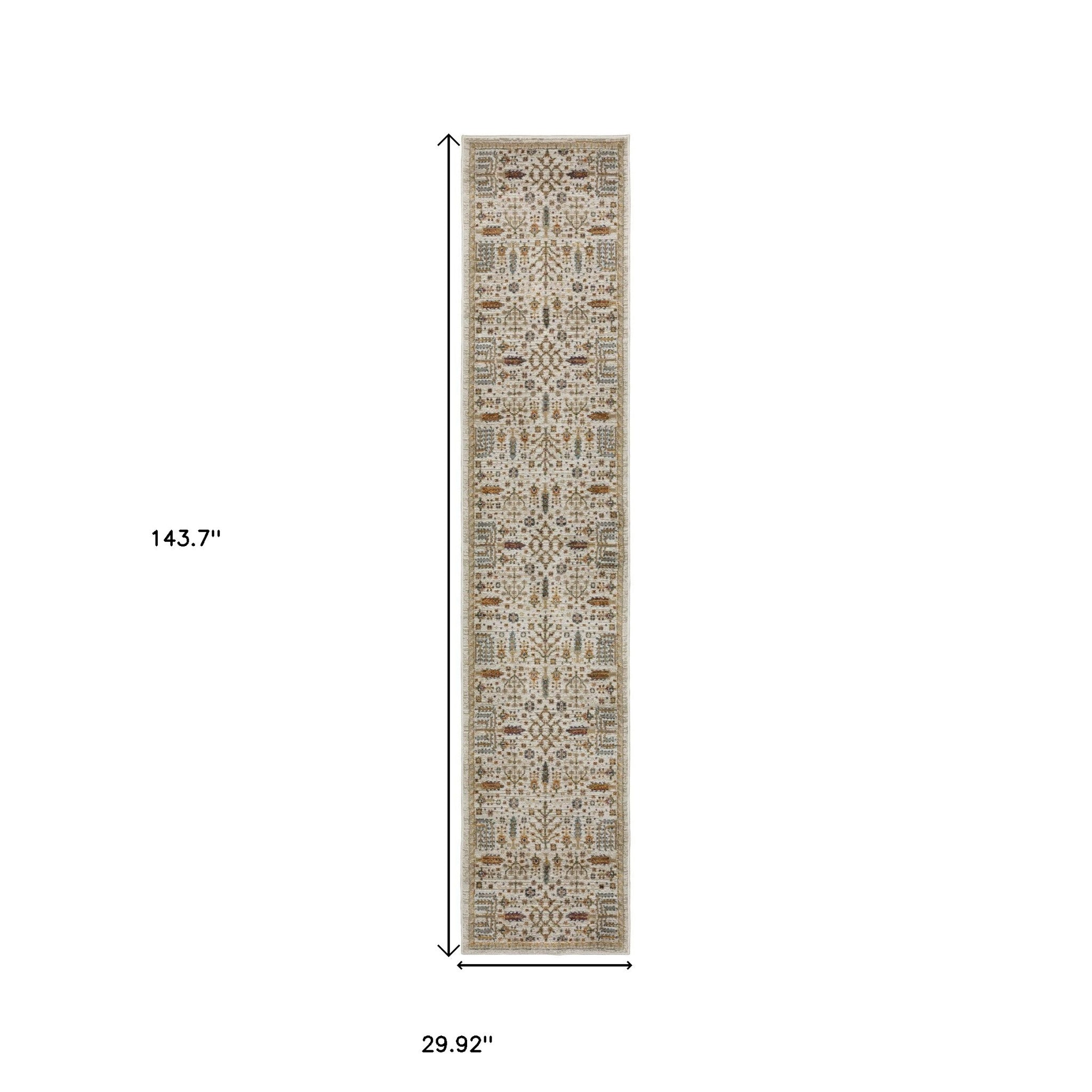 12' Ivory And Gold Oriental Runner Rug-2