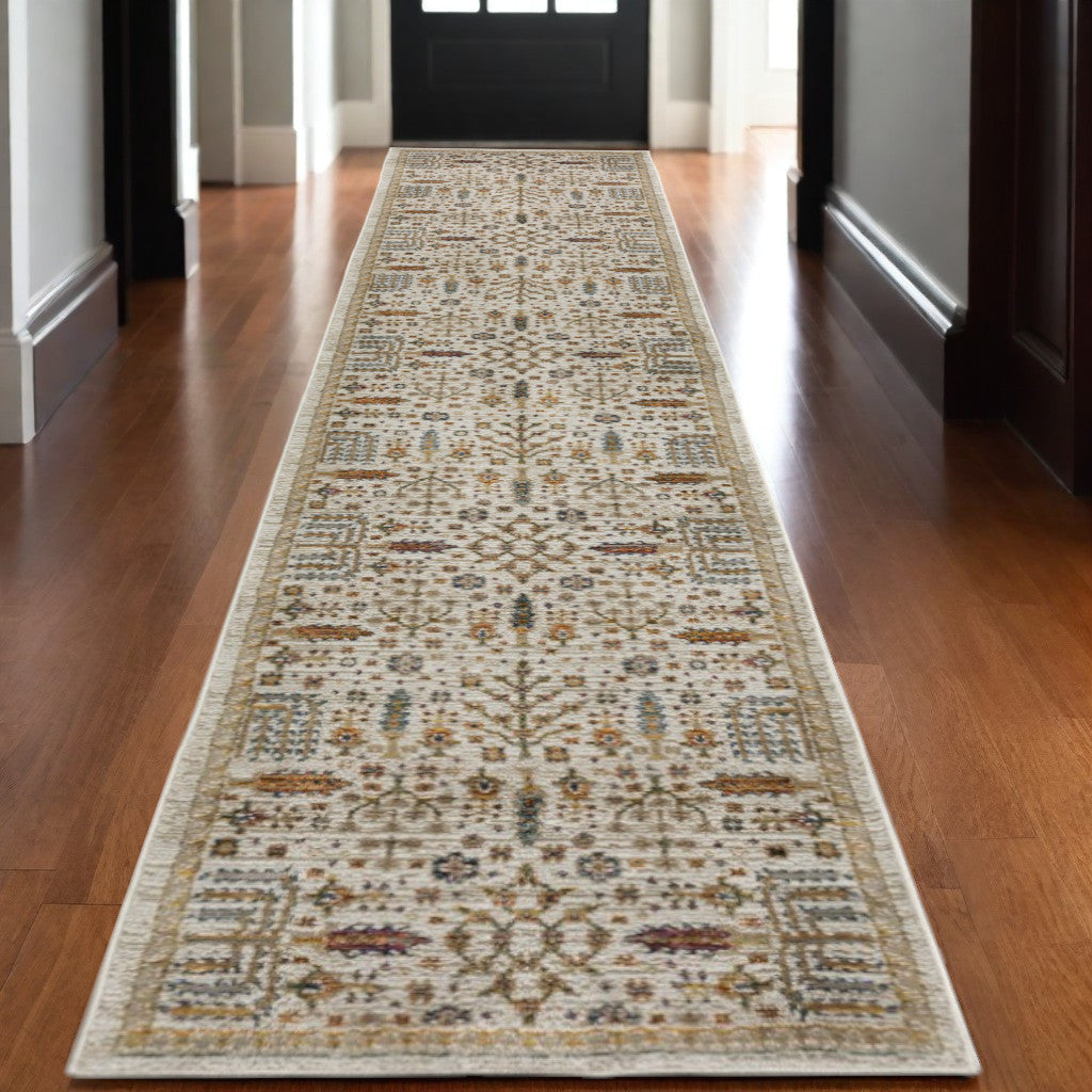 12' Ivory And Gold Oriental Runner Rug-0