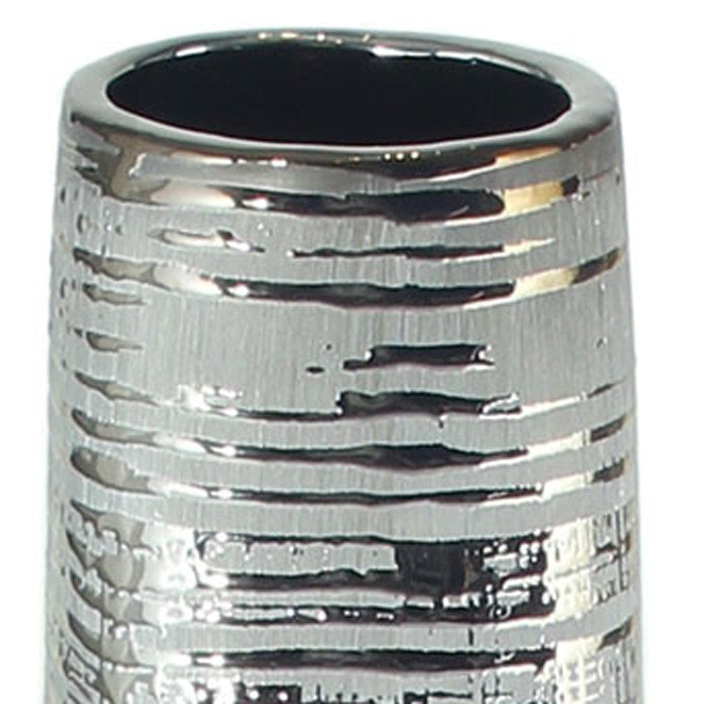 40" Silver Striped Tapered Ceramic Floor Vase-Vases-DECOROLALA