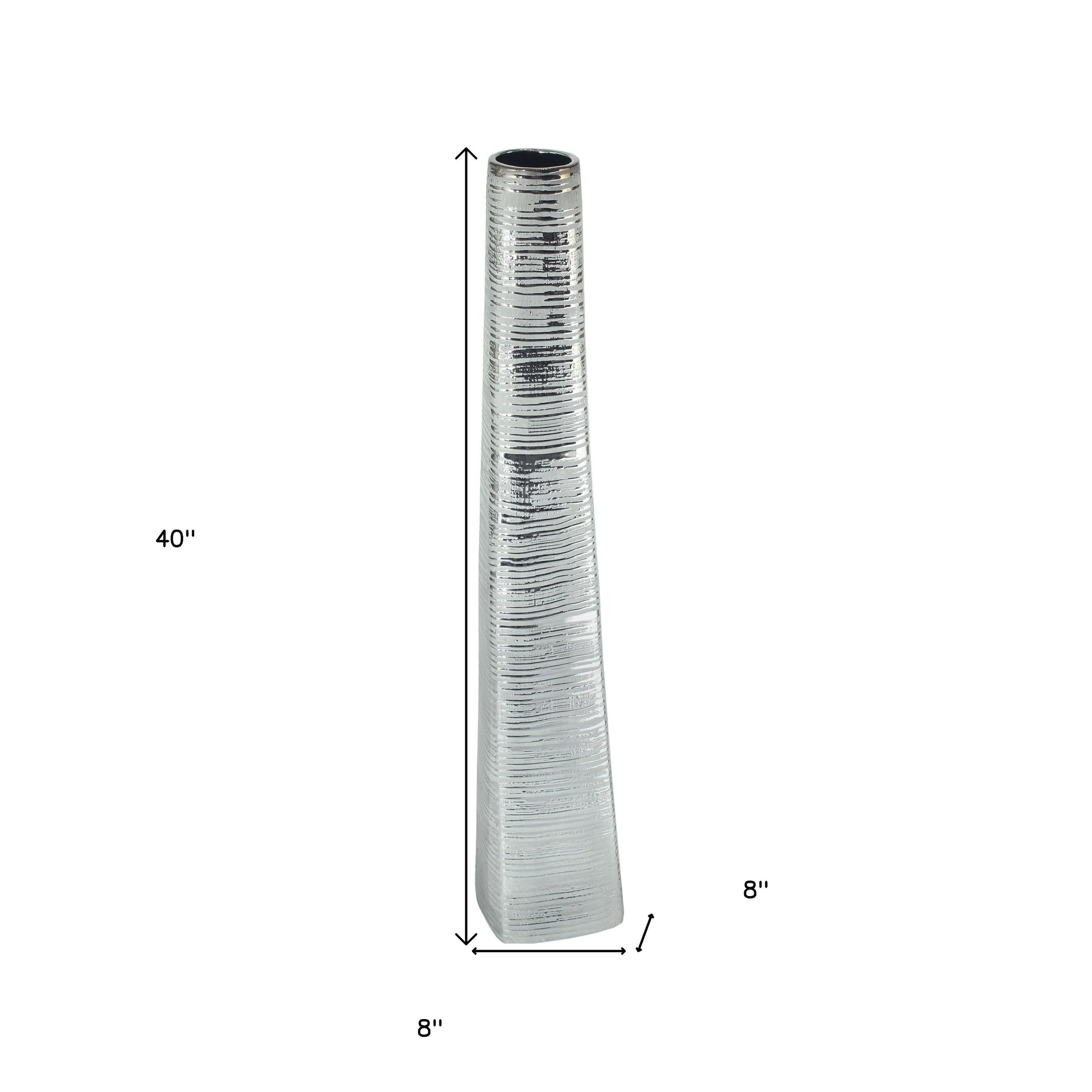 40" Silver Striped Tapered Ceramic Floor Vase-Vases-DECOROLALA