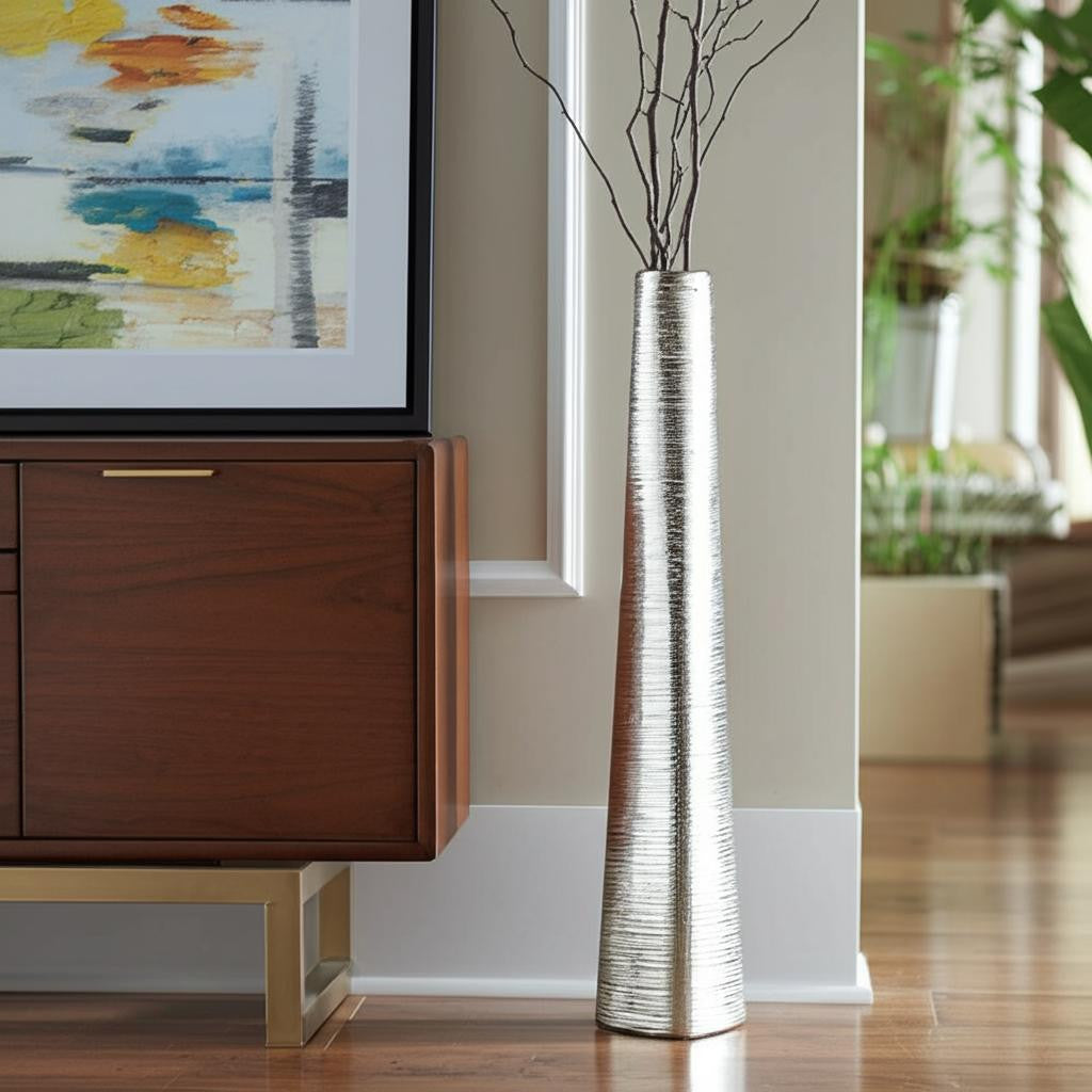 40" Silver Striped Tapered Ceramic Floor Vase-Vases-DECOROLALA