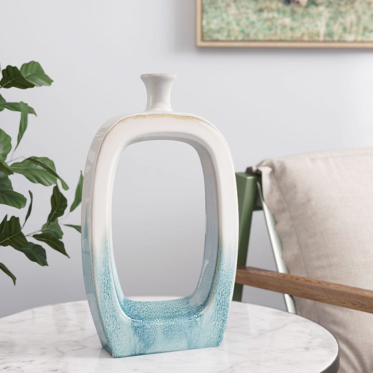 14" Aqua And White Ombre Ceramic Table Vase-Vases-DECOROLALA