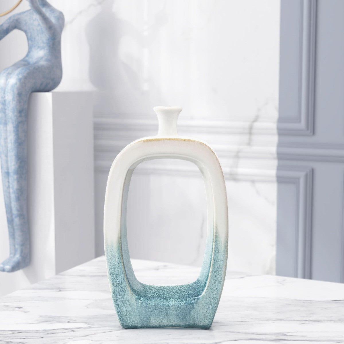 14" Aqua And White Ombre Ceramic Table Vase-Vases-DECOROLALA