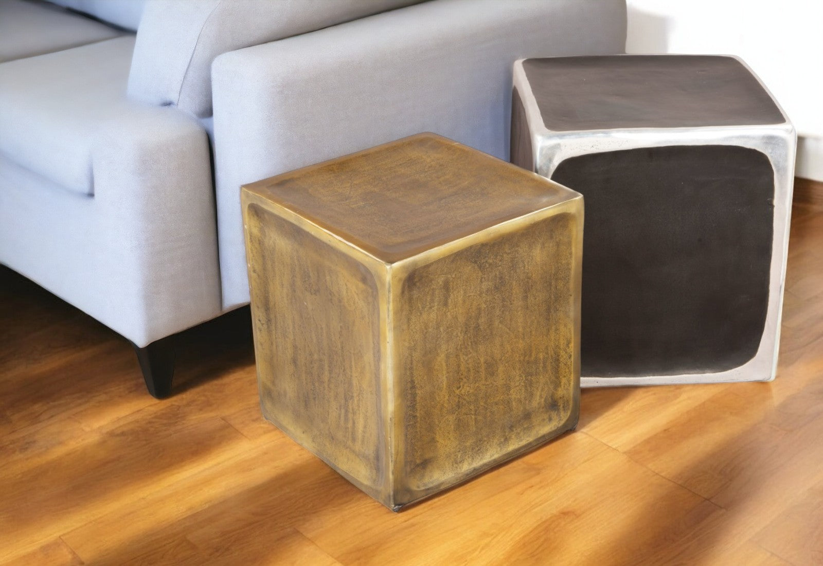 Set of Two Black Silver And Antiqued Brass Aluminum Square Block End Tables-End-Side Tables-DECOROLALA