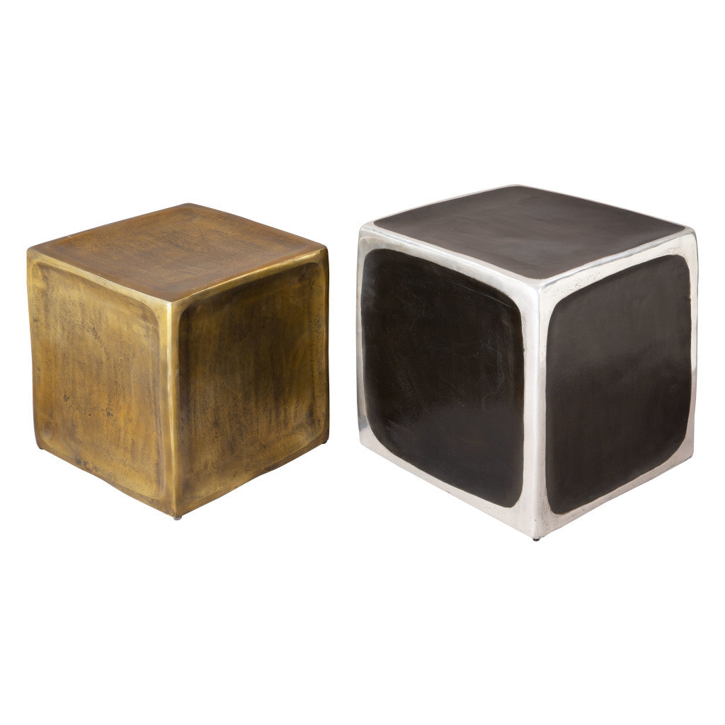 Set of Two Black Silver And Antiqued Brass Aluminum Square Block End Tables-End-Side Tables-DECOROLALA