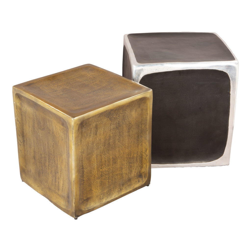 Set of Two Black Silver And Antiqued Brass Aluminum Square Block End Tables-End-Side Tables-DECOROLALA
