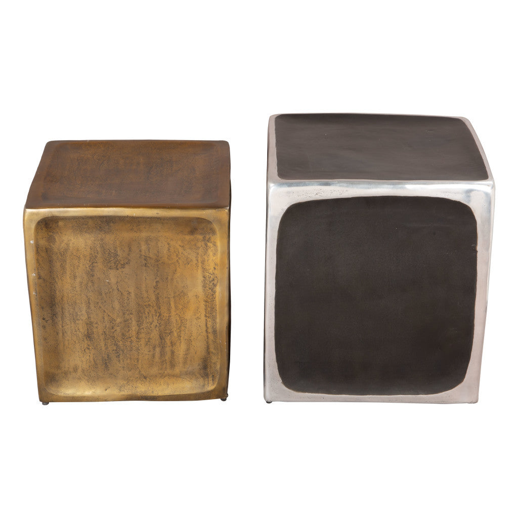 Set of Two Black Silver And Antiqued Brass Aluminum Square Block End Tables-End-Side Tables-DECOROLALA