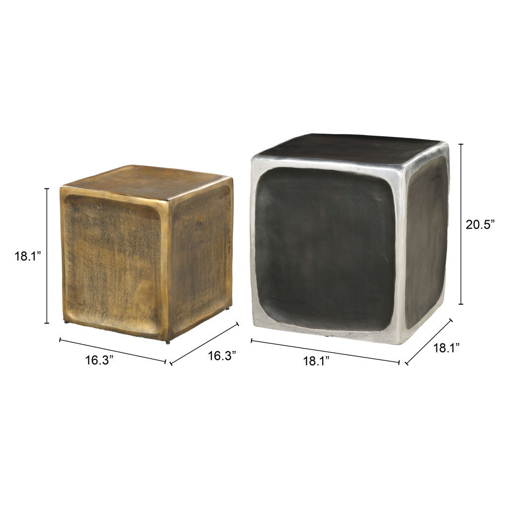Set of Two Black Silver And Antiqued Brass Aluminum Square Block End Tables-End-Side Tables-DECOROLALA