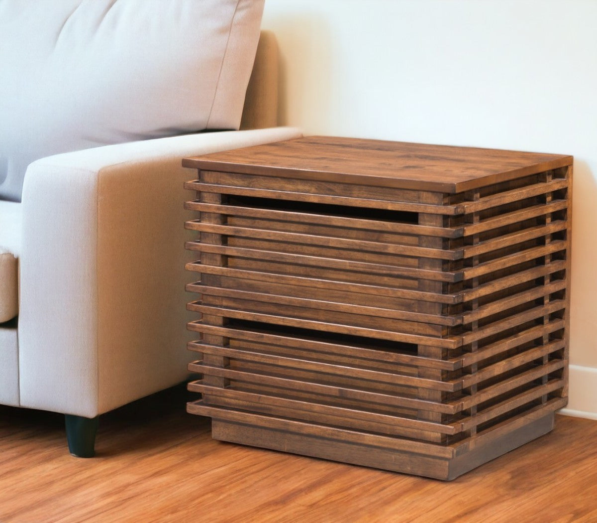 22" Brown Wood Block End Table With Two Drawers-End-Side Tables-DECOROLALA