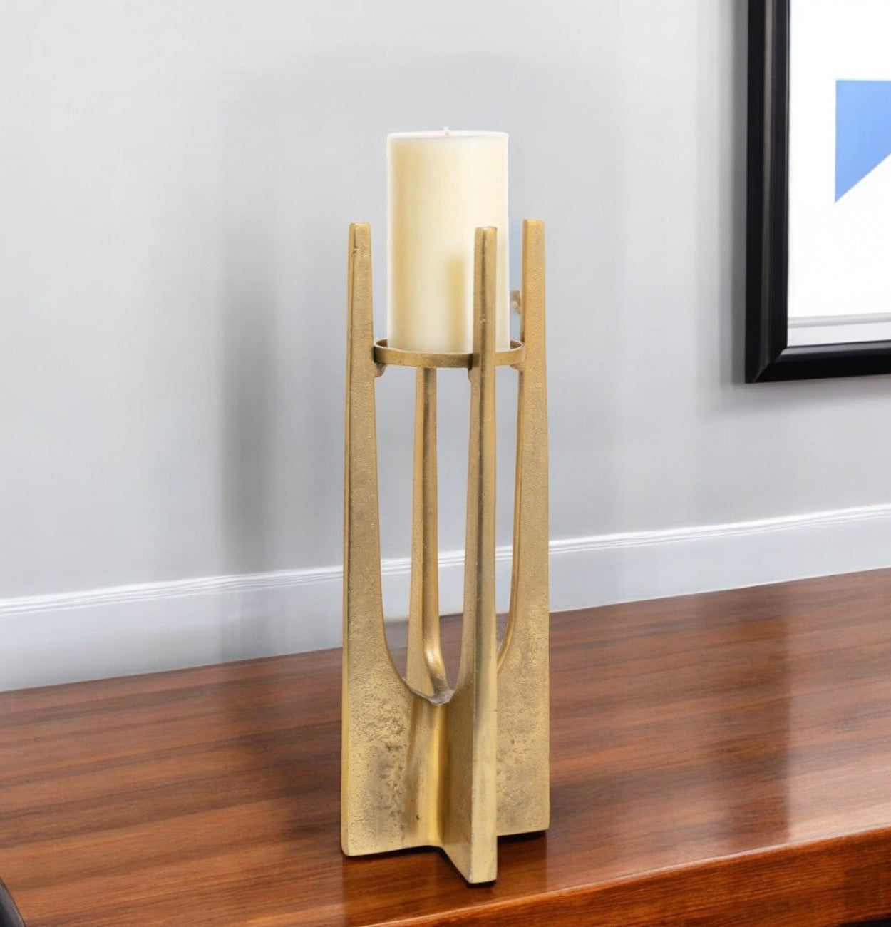 16" Gold Distressed Aluminum Geometric Tabletop Pillar Candle Holder-Candle Holders-DECOROLALA
