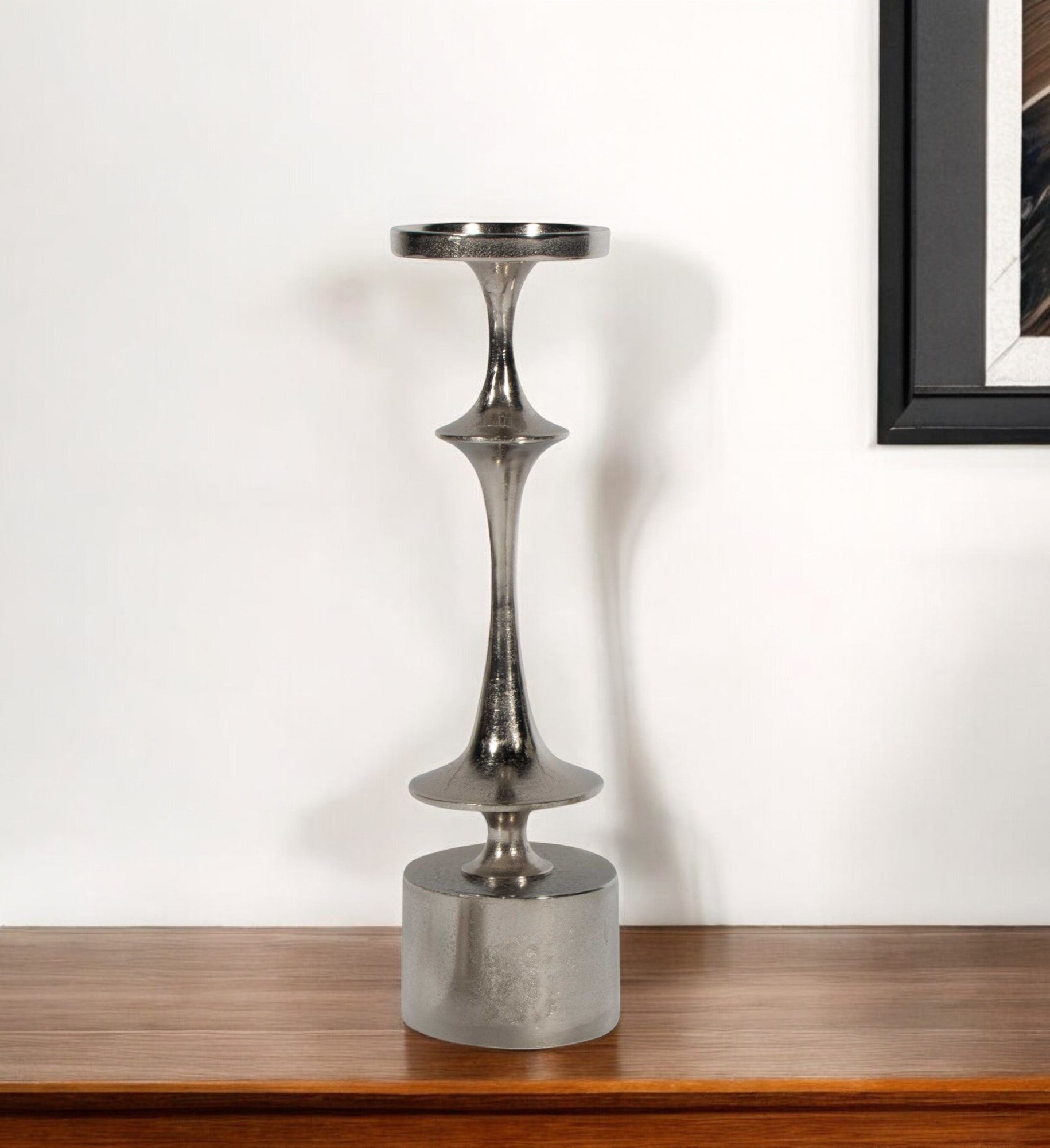 18" Silver Distressed Geometric Metal Tabletop Candle Holder-Candle Holders-DECOROLALA