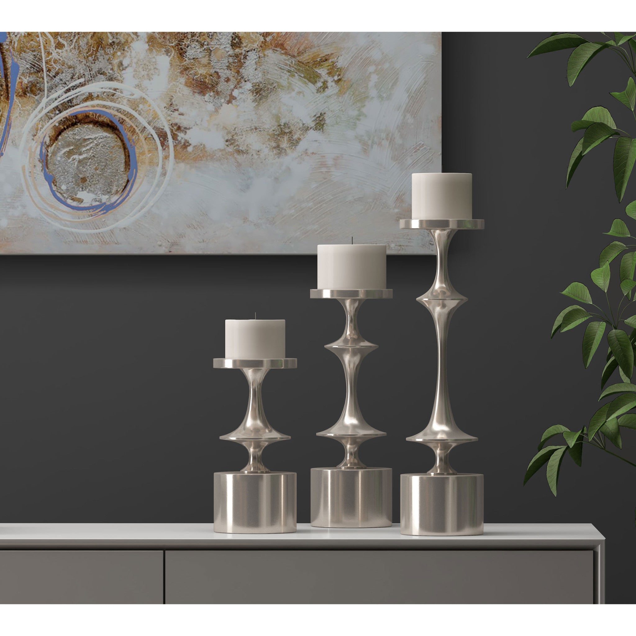 18" Silver Distressed Geometric Metal Tabletop Candle Holder-Candle Holders-DECOROLALA