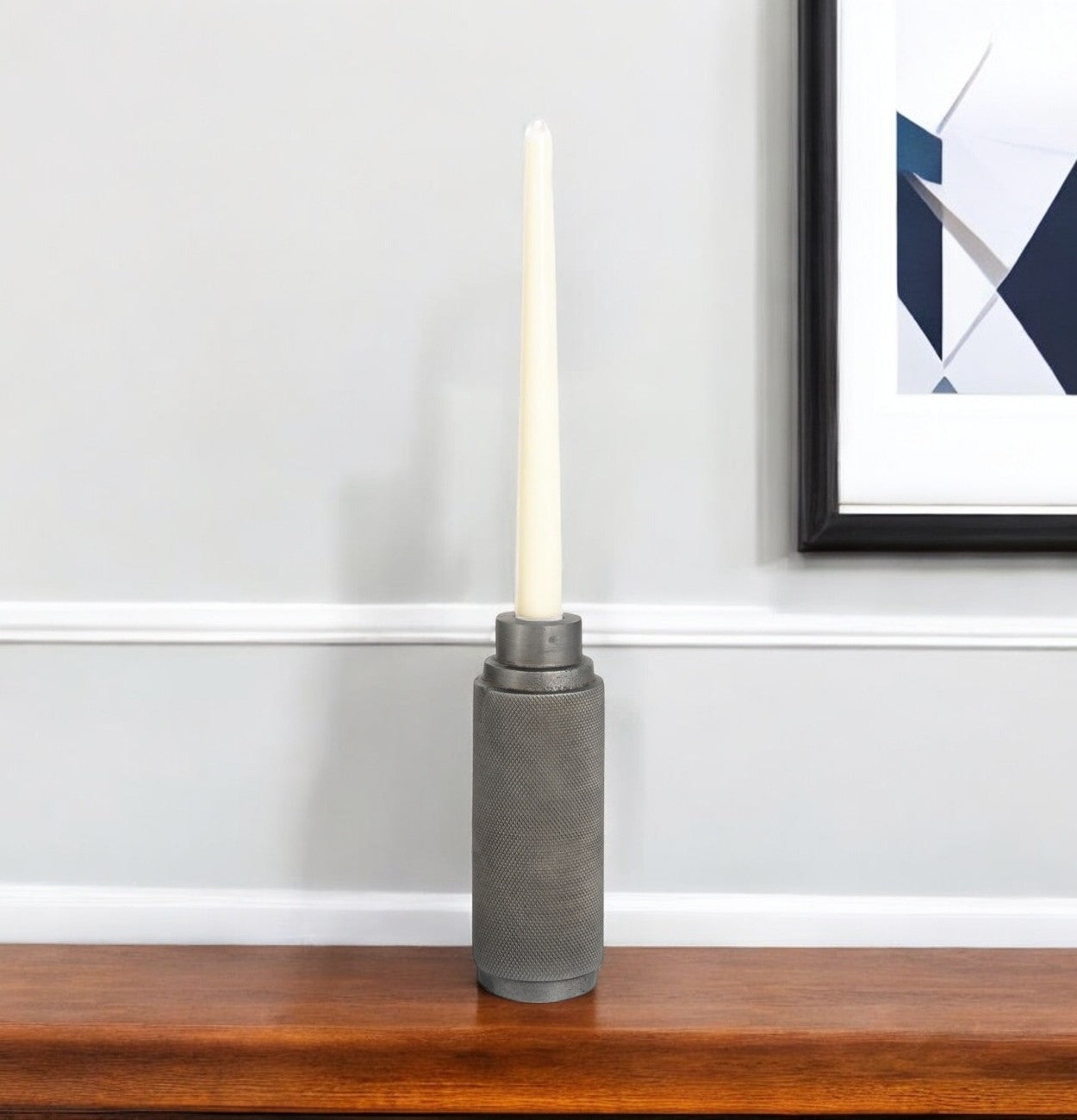 7" Gray Distressed Aluminum Geometric Tabletop Taper Candle Holder-Candle Holders-DECOROLALA