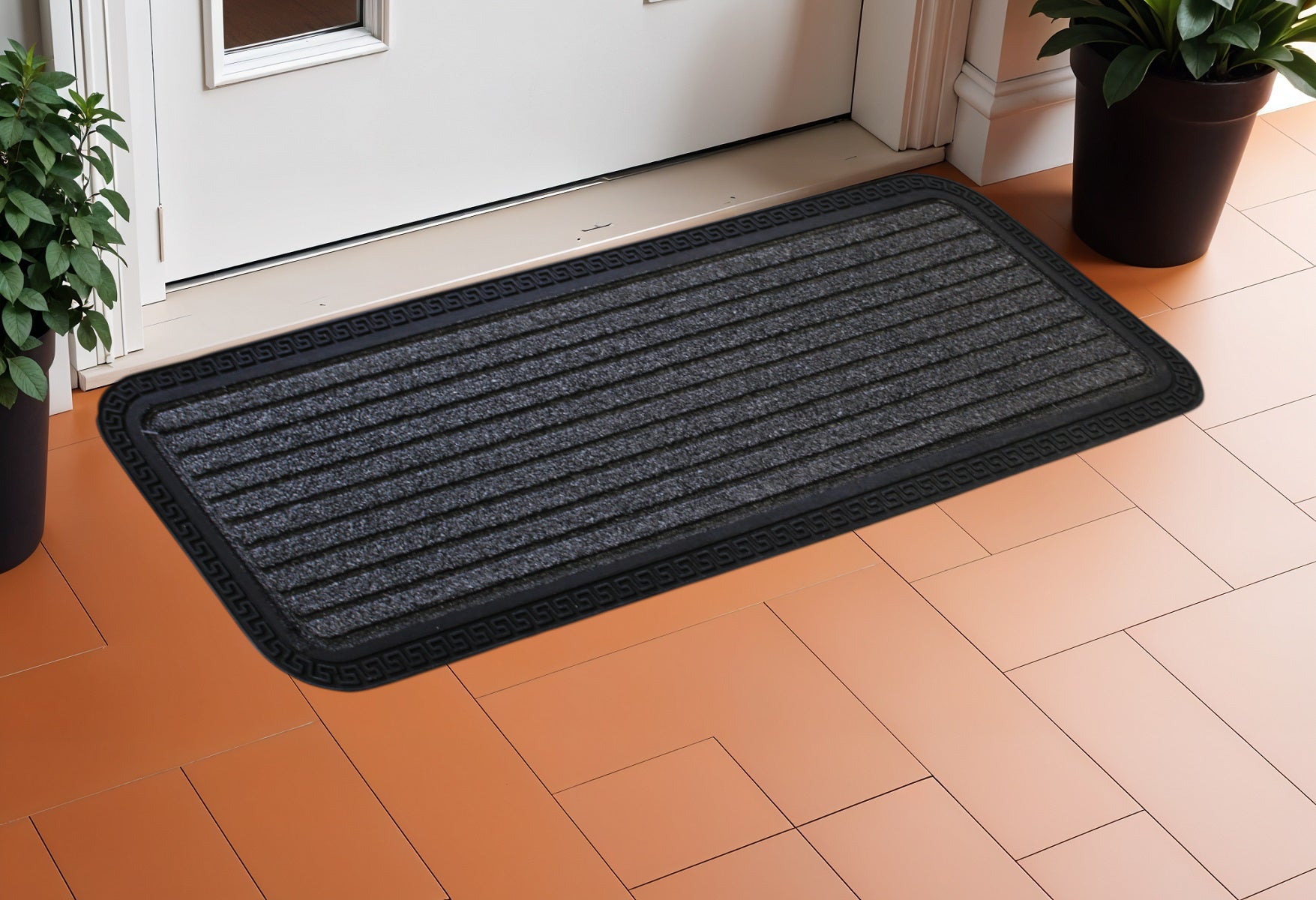 10" X 30" Gray Synthetic Fiber Striped Outdoor Door Mat-0