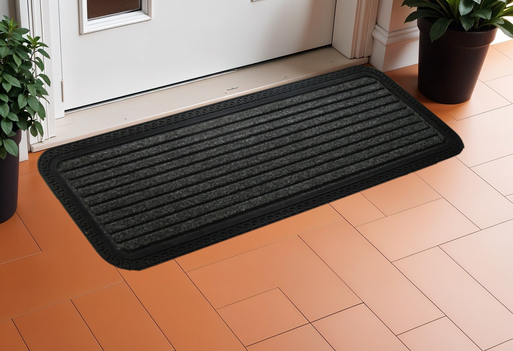 10" X 48" Gray Synthetic Fiber Striped Outdoor Door Mat-0