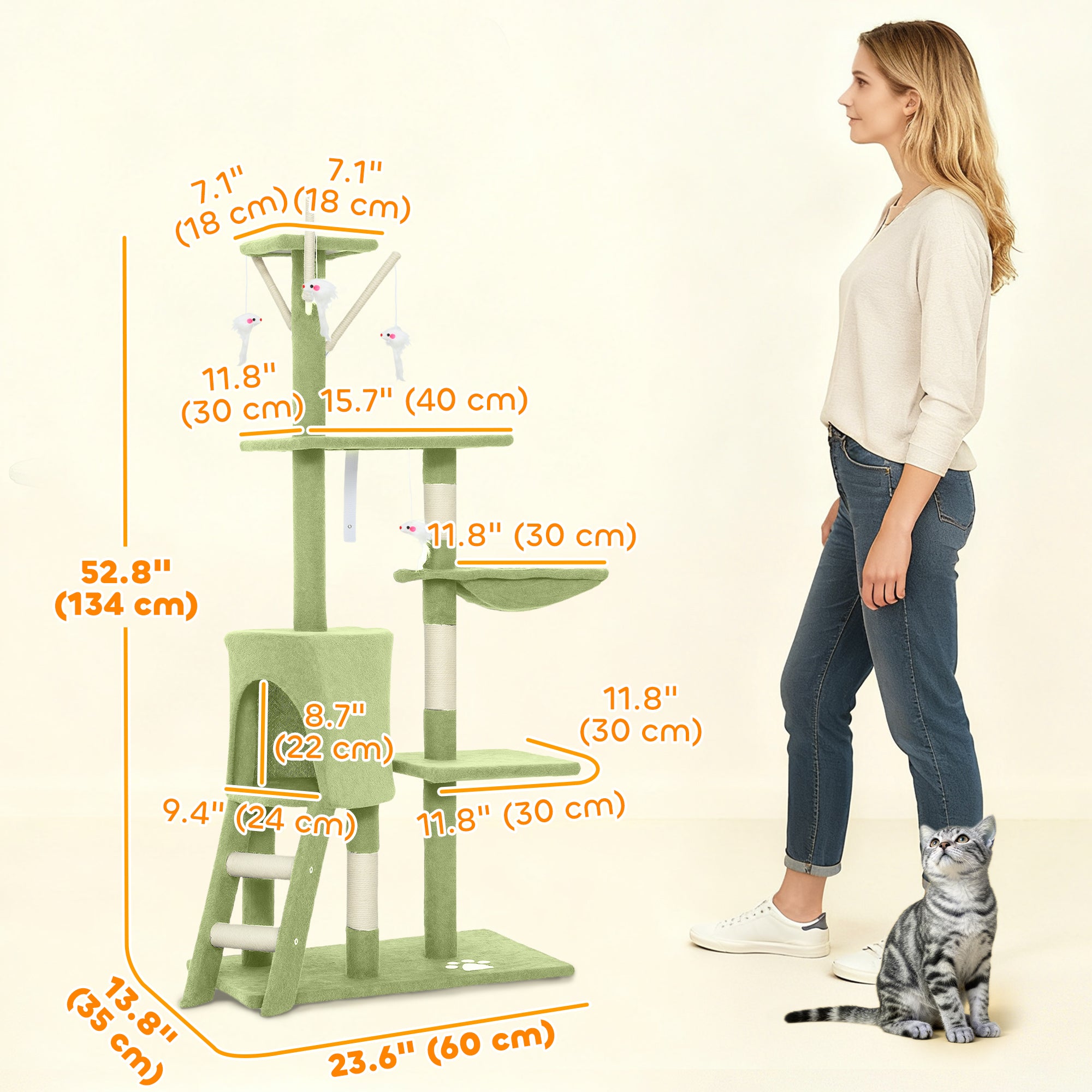 53" Cat Tree Tower, Kitten Activity Centre with Scratching Posts, Condo, Perches, Ladder, Hammock, Dangling Toys, Green