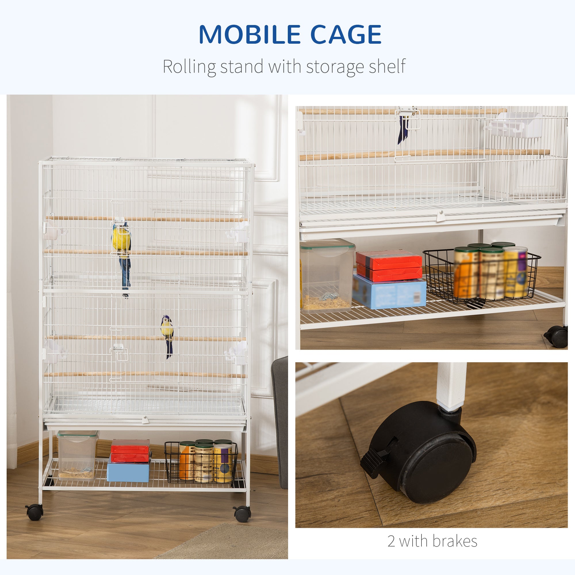 52'' Large Rolling Steel Bird Cage Bird House with Rolling Stand, Storage Shelf, Wood Perch, Food Container, White
