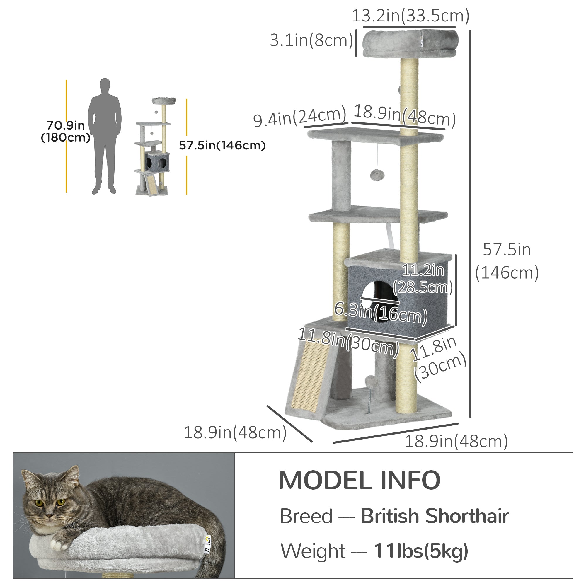 57.5" Cat Tree with Scratching Posts, Large Cat Tower for Indoor Cats with Bed, House, Toys, Grey-Cats-DECOROLALA