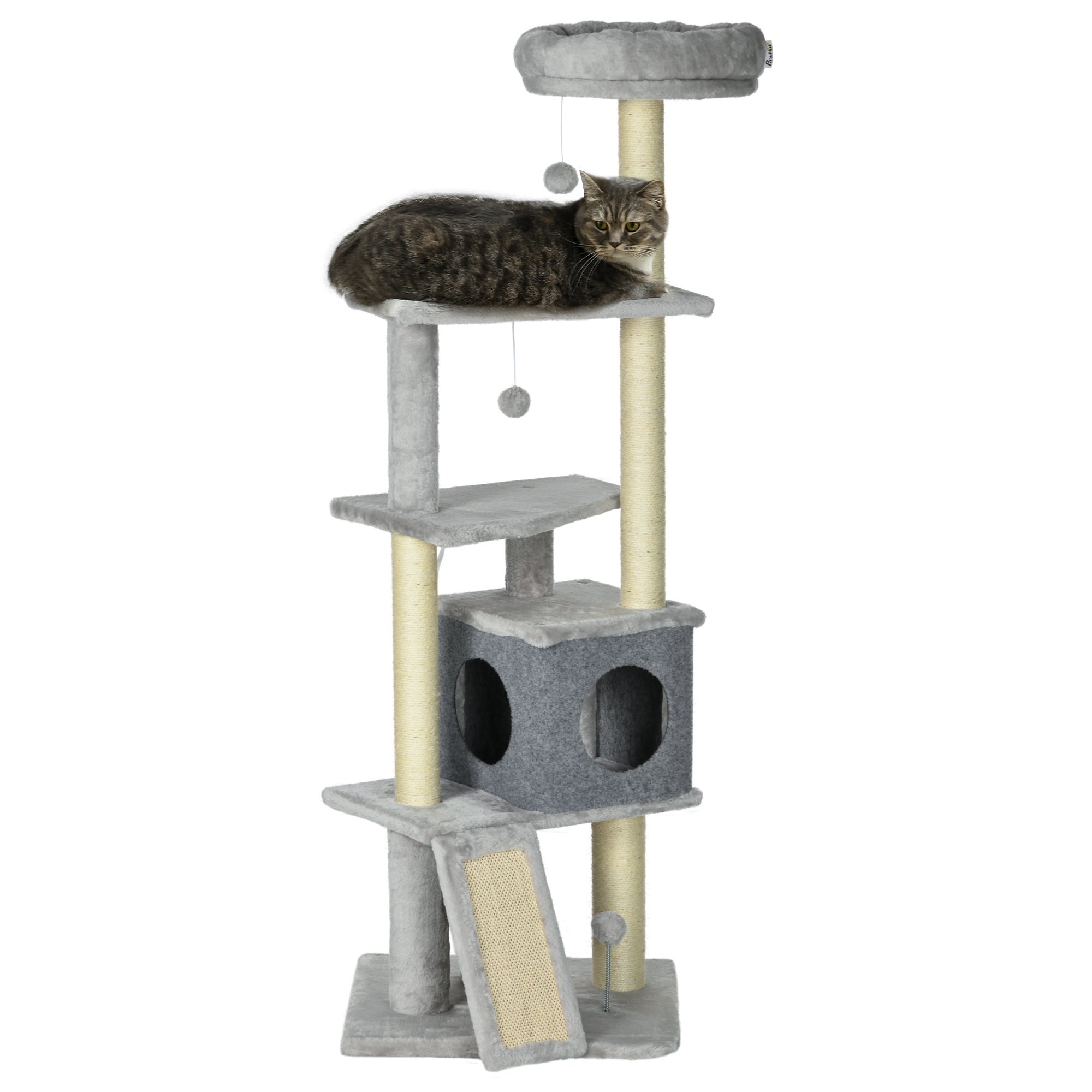 57.5" Cat Tree with Scratching Posts, Large Cat Tower for Indoor Cats with Bed, House, Toys, Grey-Cats-DECOROLALA