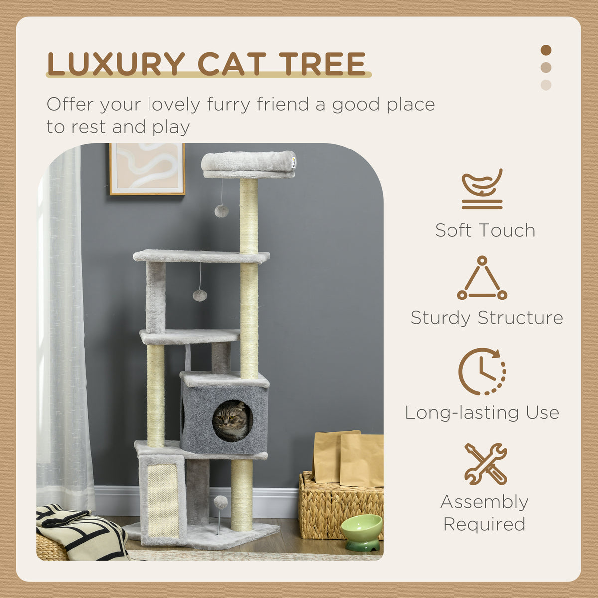 57.5" Multi-Level Cat Tree with Scratching Posts & Bed - Grey-Cats-DECOROLALA