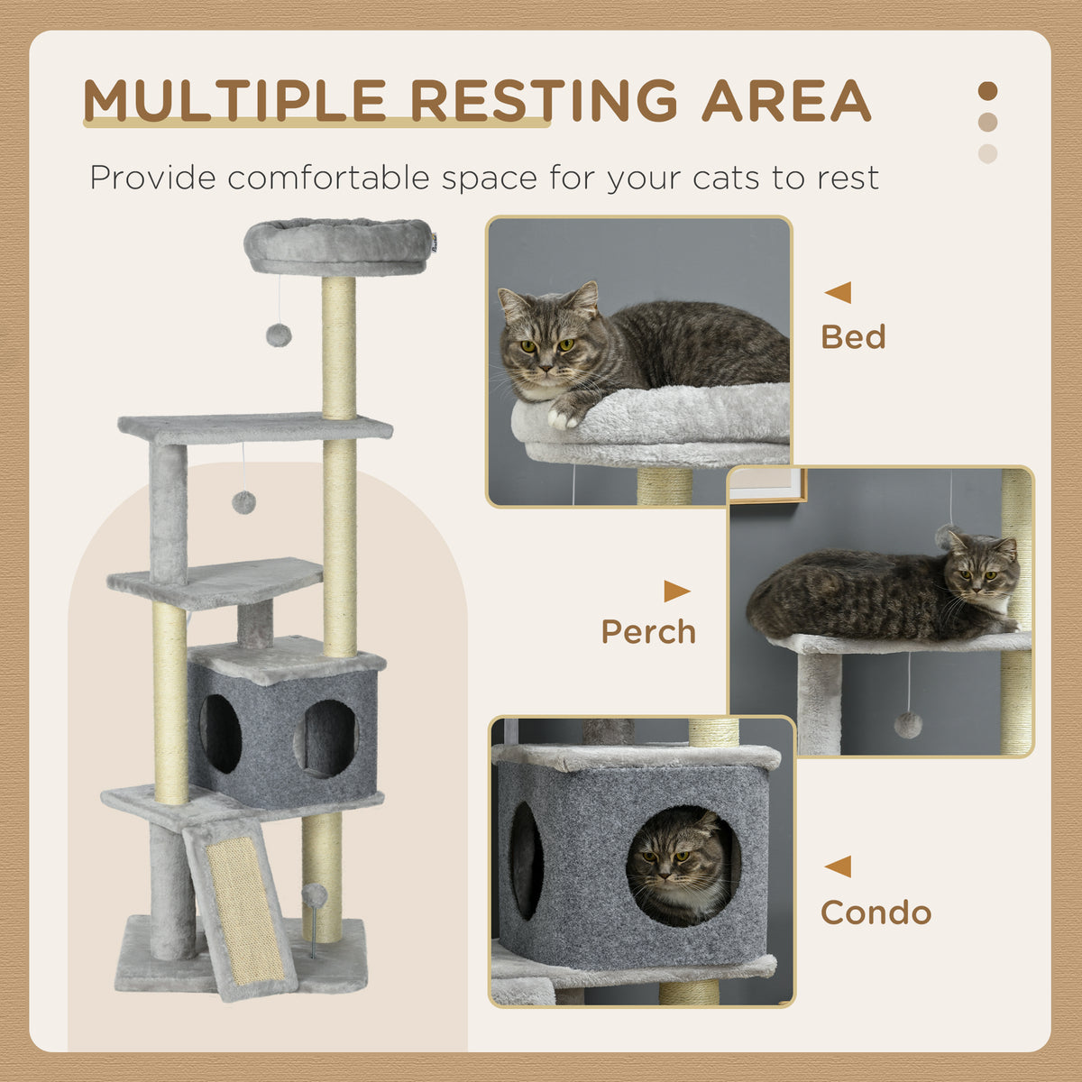 57.5" Multi-Level Cat Tree with Scratching Posts & Bed - Grey-Cats-DECOROLALA