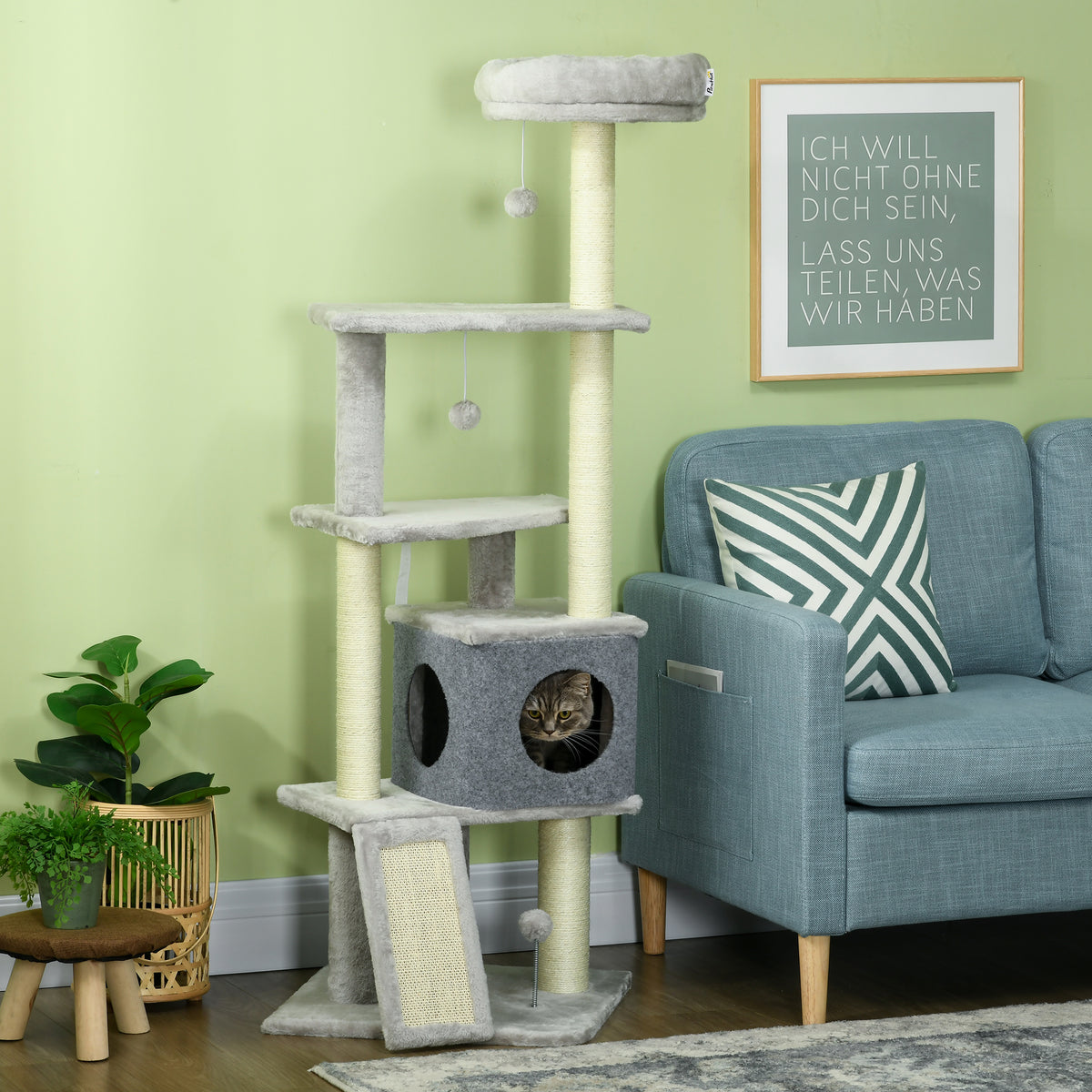 57.5" Multi-Level Cat Tree with Scratching Posts & Bed - Grey-Cats-DECOROLALA