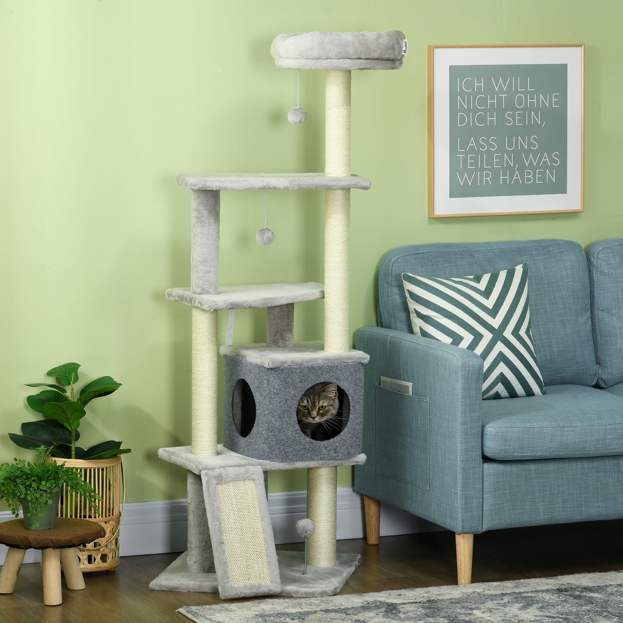 57.5" Multi-Level Cat Tree with Scratching Posts & Bed - Grey-Cats-DECOROLALA