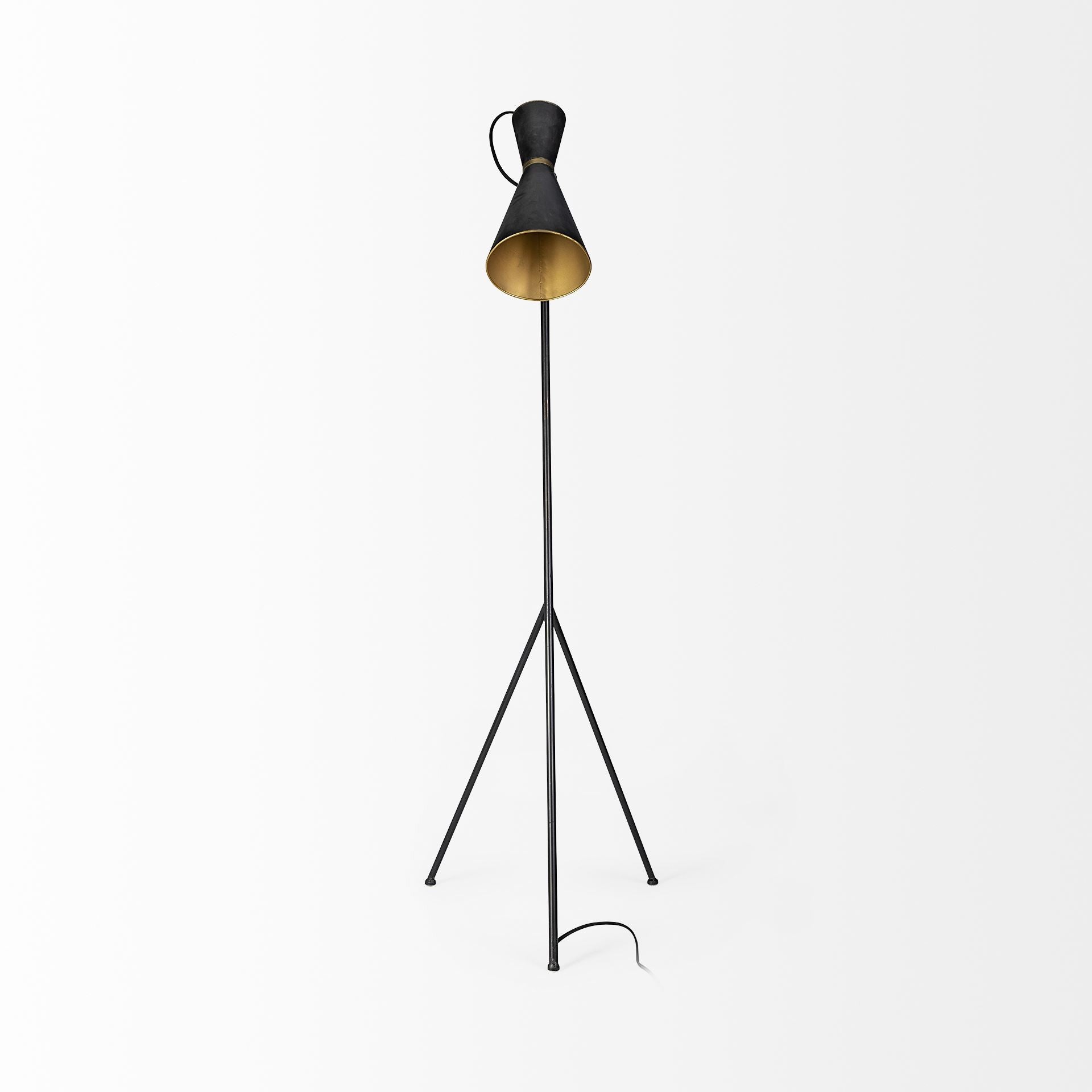 58" Black Metal Tripod Floor Lamp With Black And Gold Metal Cone Shade-Floor Lamps-DECOROLALA