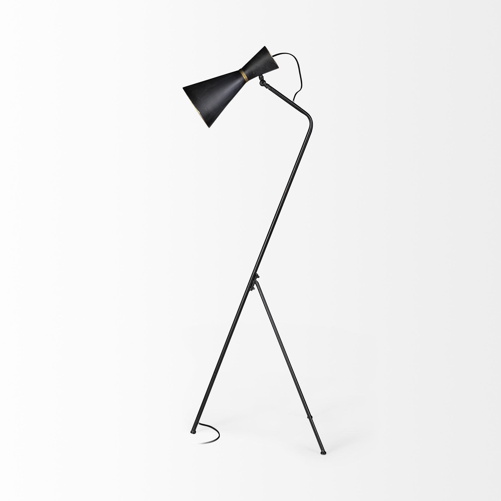 58" Black Metal Tripod Floor Lamp With Black And Gold Metal Cone Shade-Floor Lamps-DECOROLALA
