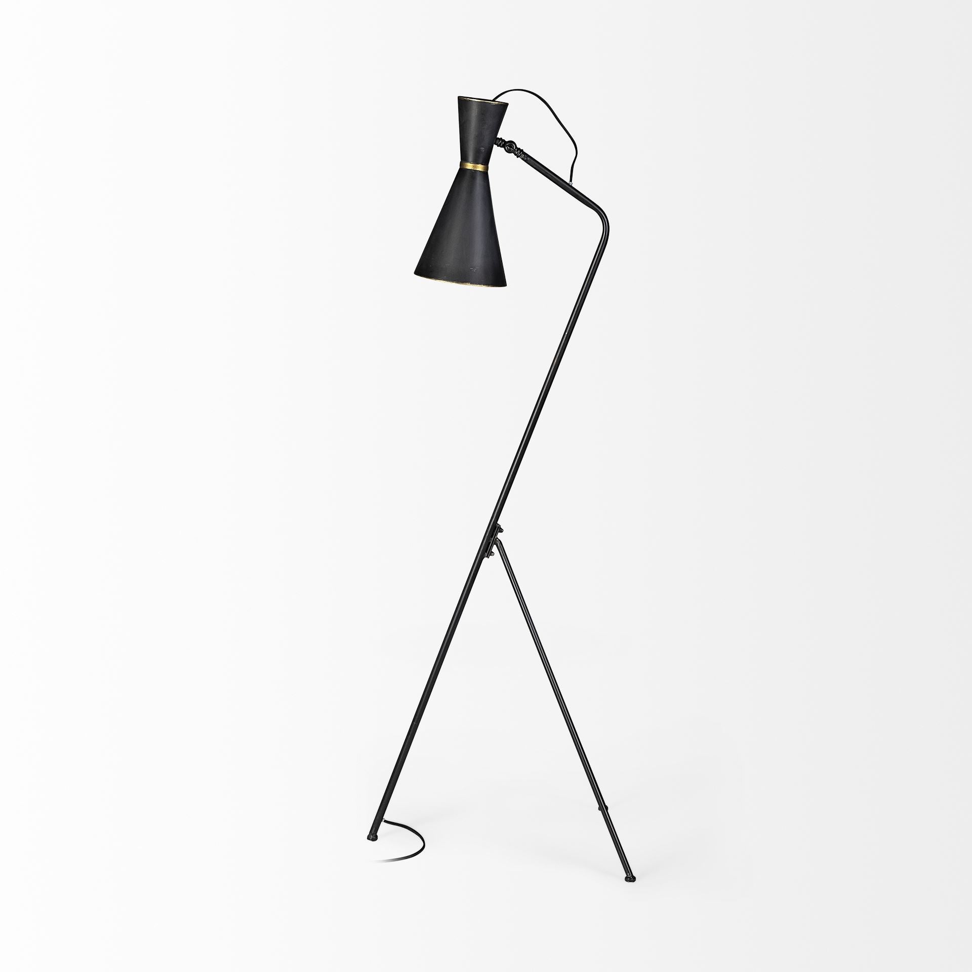 58" Black Metal Tripod Floor Lamp With Black And Gold Metal Cone Shade-Floor Lamps-DECOROLALA