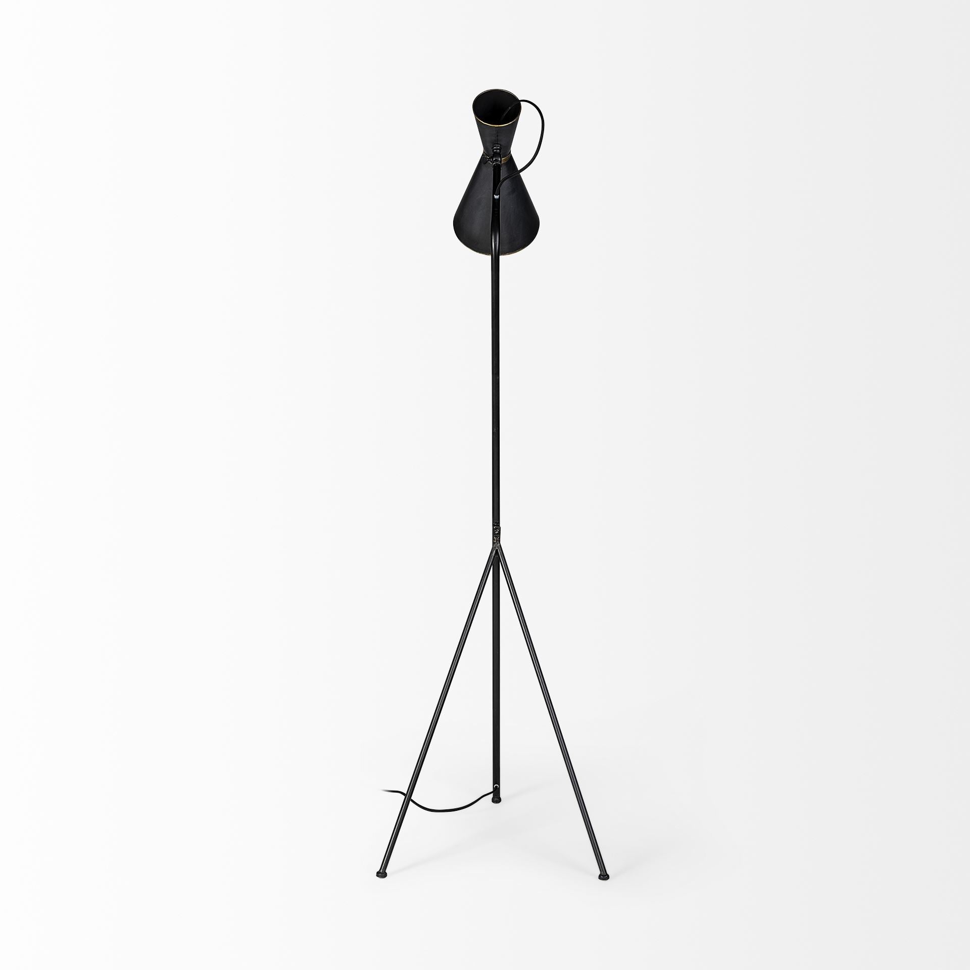 58" Black Metal Tripod Floor Lamp With Black And Gold Metal Cone Shade-Floor Lamps-DECOROLALA