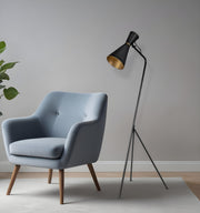 58" Black Metal Tripod Floor Lamp With Black And Gold Metal Cone Shade-Floor Lamps-DECOROLALA