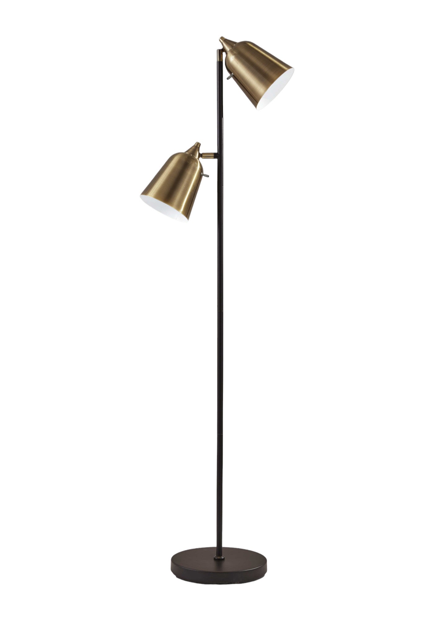 58" Black Two Light Task Floor Lamp With Antiqued Brass Metal Cone Shade-Floor Lamps-DECOROLALA