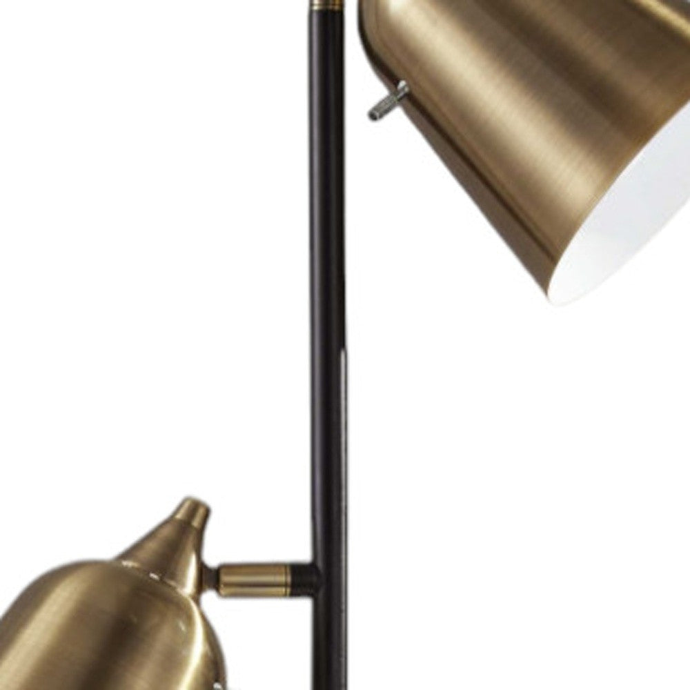 58" Black Two Light Task Floor Lamp With Antiqued Brass Metal Cone Shade-Floor Lamps-DECOROLALA