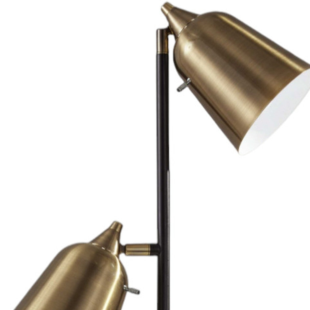 58" Black Two Light Task Floor Lamp With Antiqued Brass Metal Cone Shade-Floor Lamps-DECOROLALA