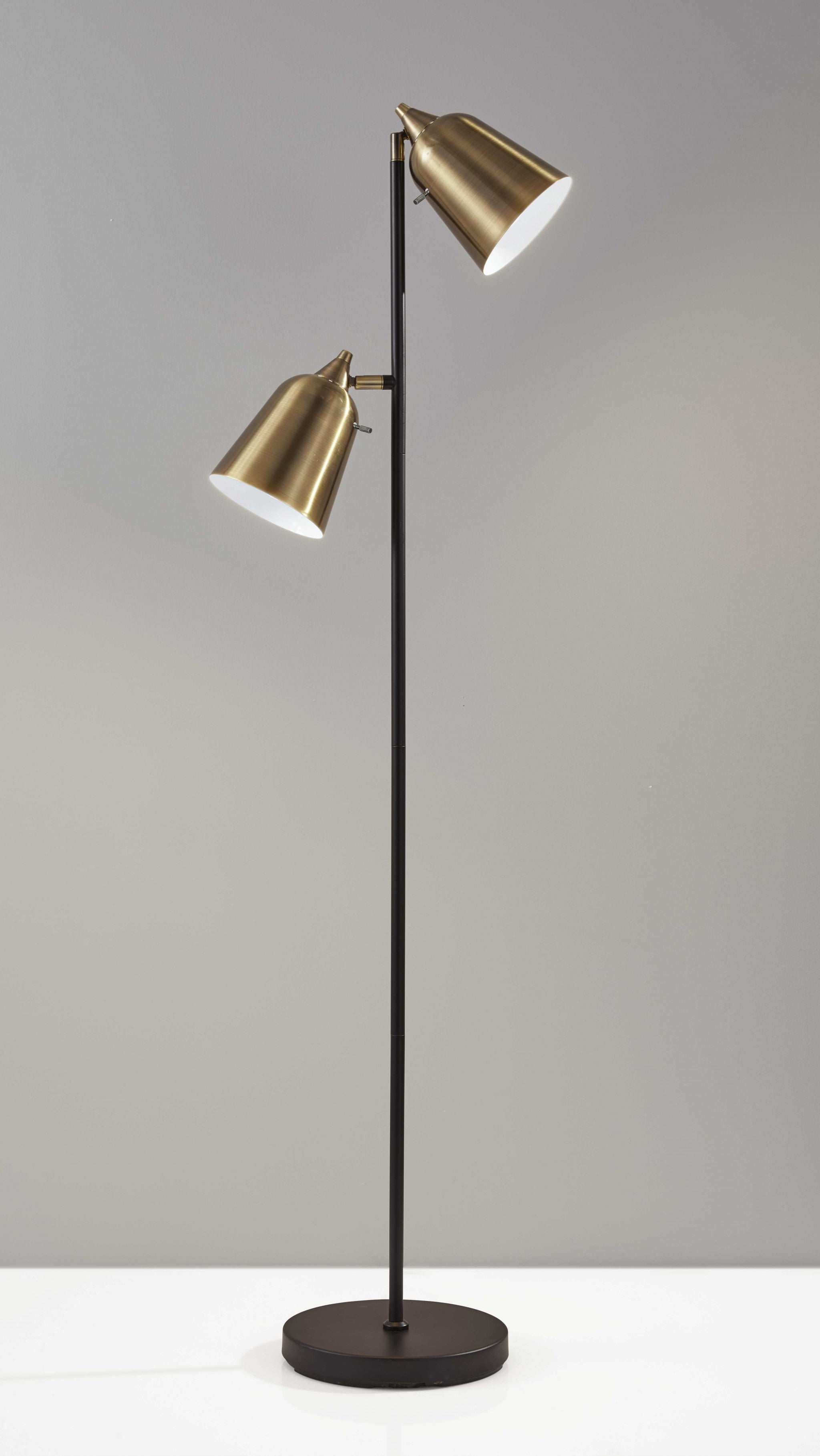 58" Black Two Light Task Floor Lamp With Antiqued Brass Metal Cone Shade-Floor Lamps-DECOROLALA