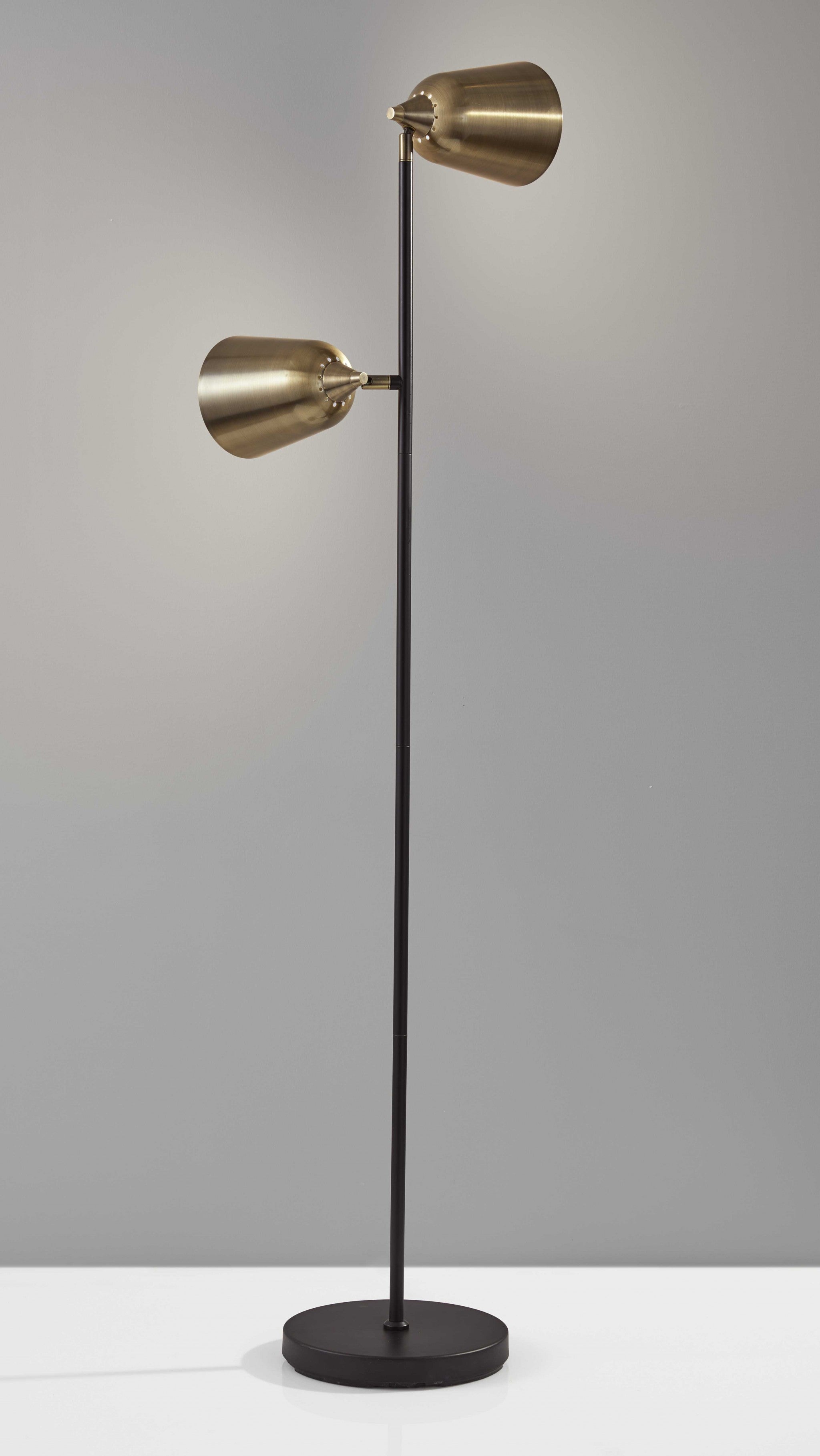 58" Black Two Light Task Floor Lamp With Antiqued Brass Metal Cone Shade-Floor Lamps-DECOROLALA