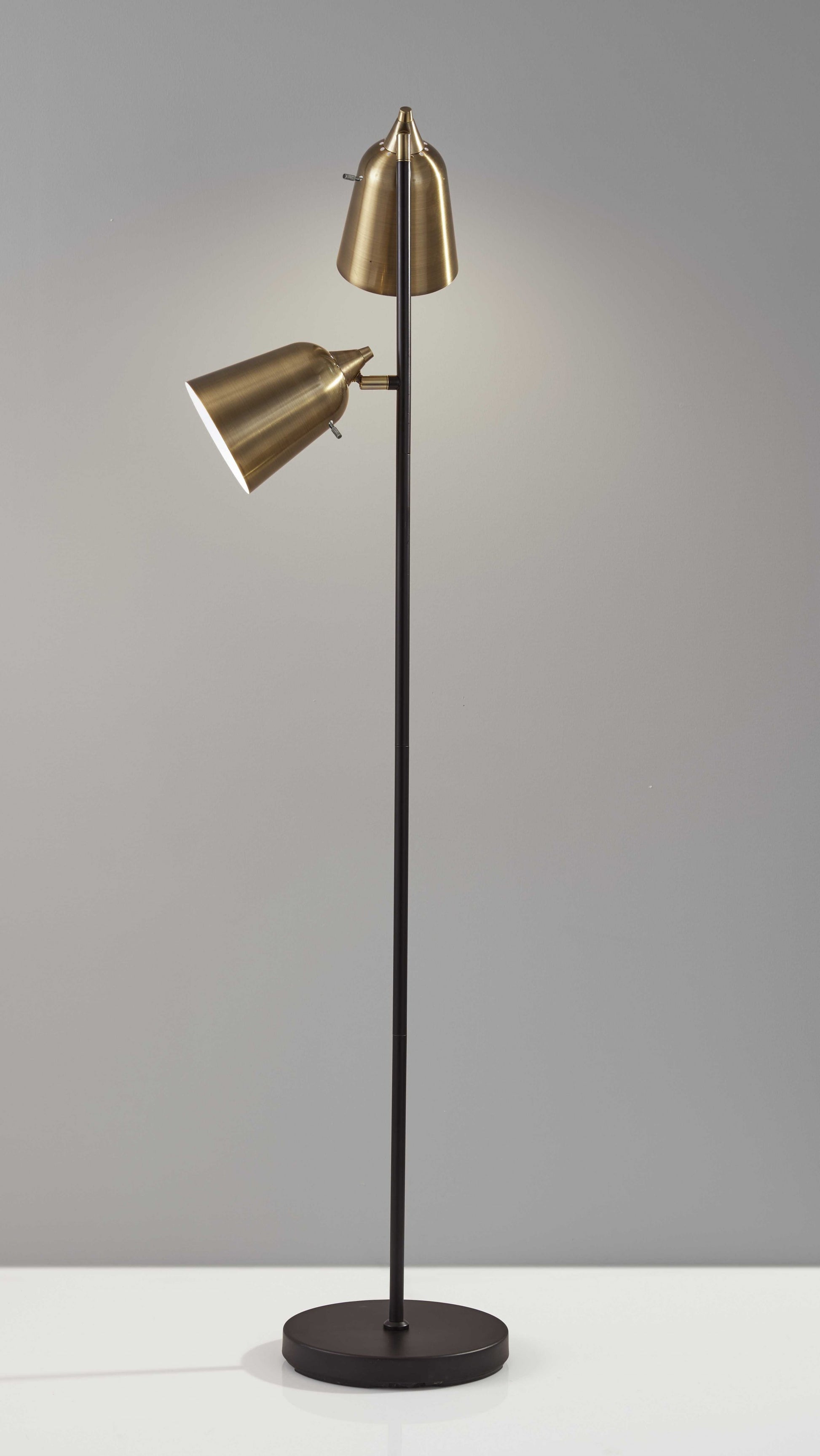 58" Black Two Light Task Floor Lamp With Antiqued Brass Metal Cone Shade-Floor Lamps-DECOROLALA