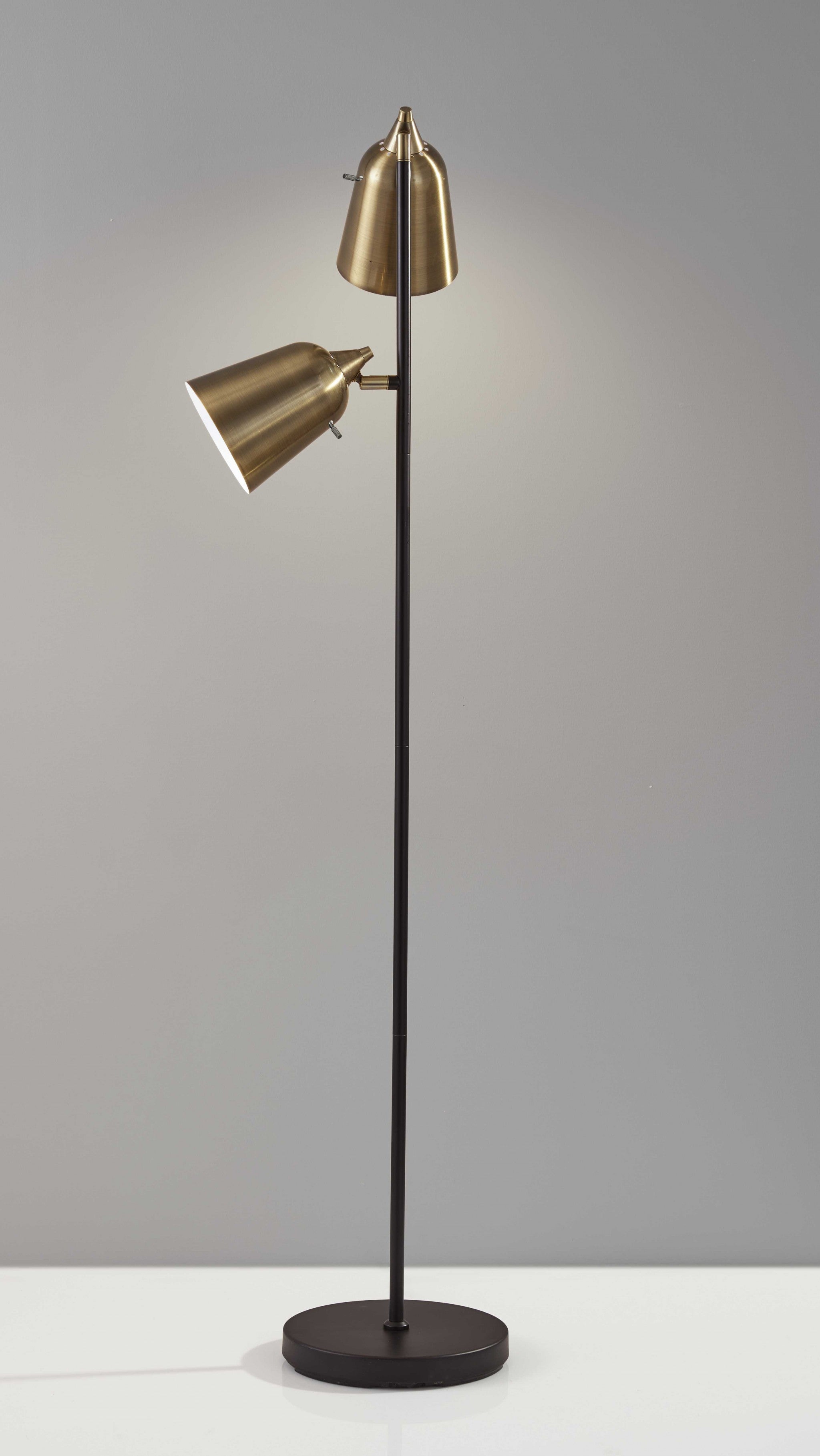 58" Black Two Light Task Floor Lamp With Antiqued Brass Metal Cone Shade-Floor Lamps-DECOROLALA