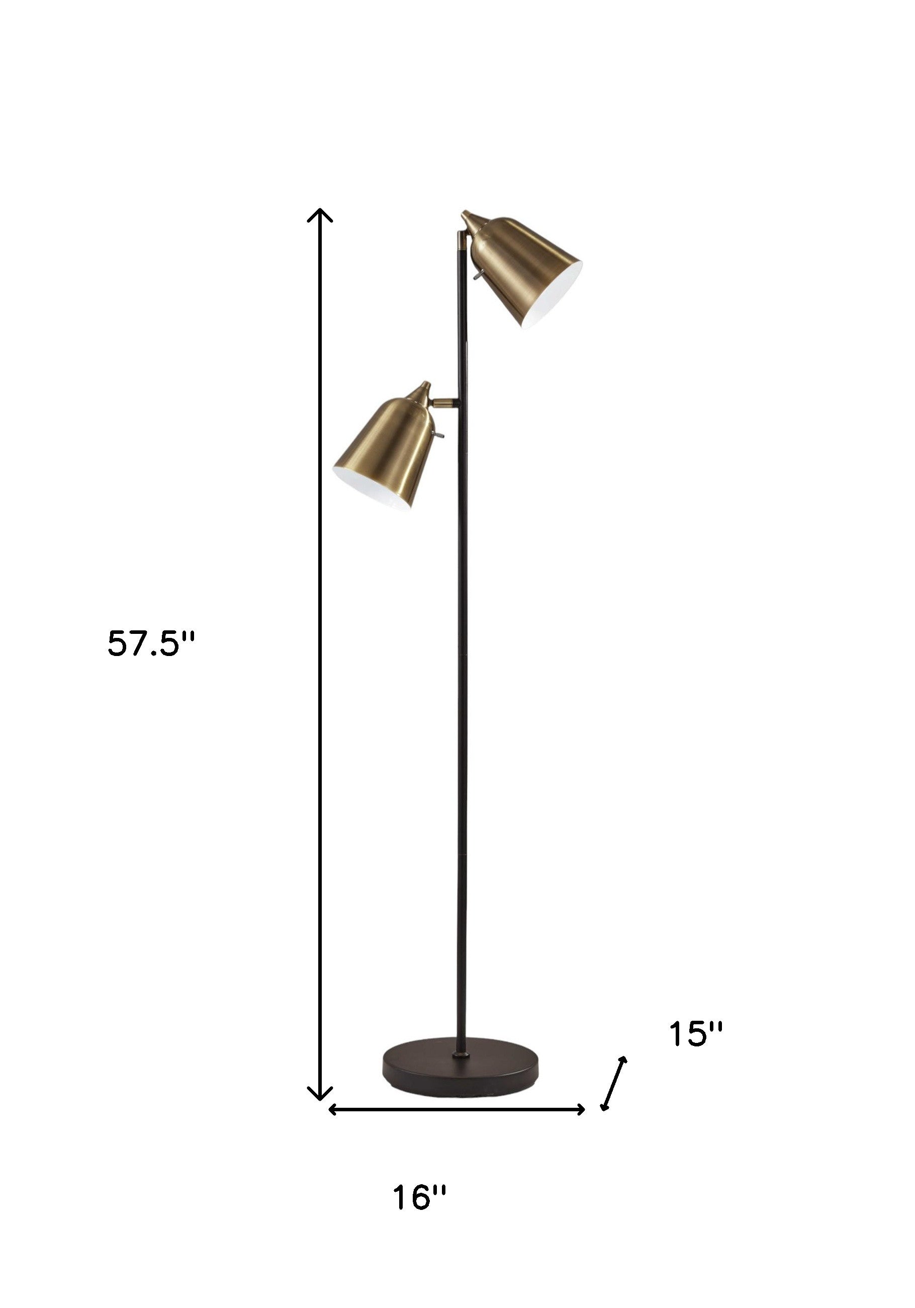 58" Black Two Light Task Floor Lamp With Antiqued Brass Metal Cone Shade-Floor Lamps-DECOROLALA