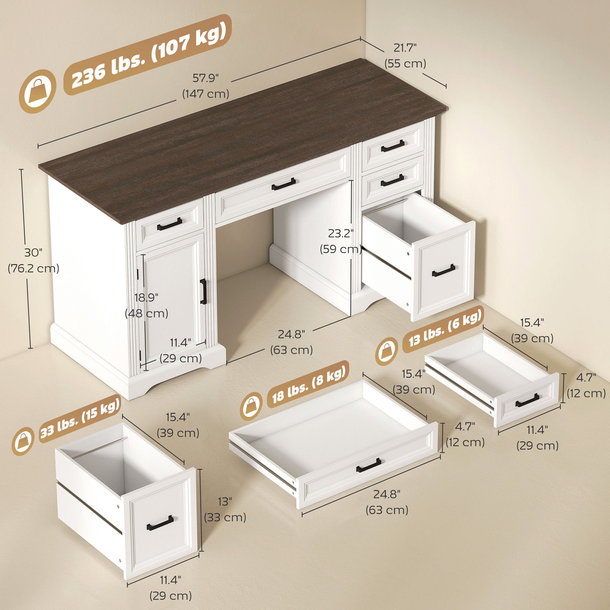 58" Farmhouse Executive Desk with File Drawer - White-DECOROLALA