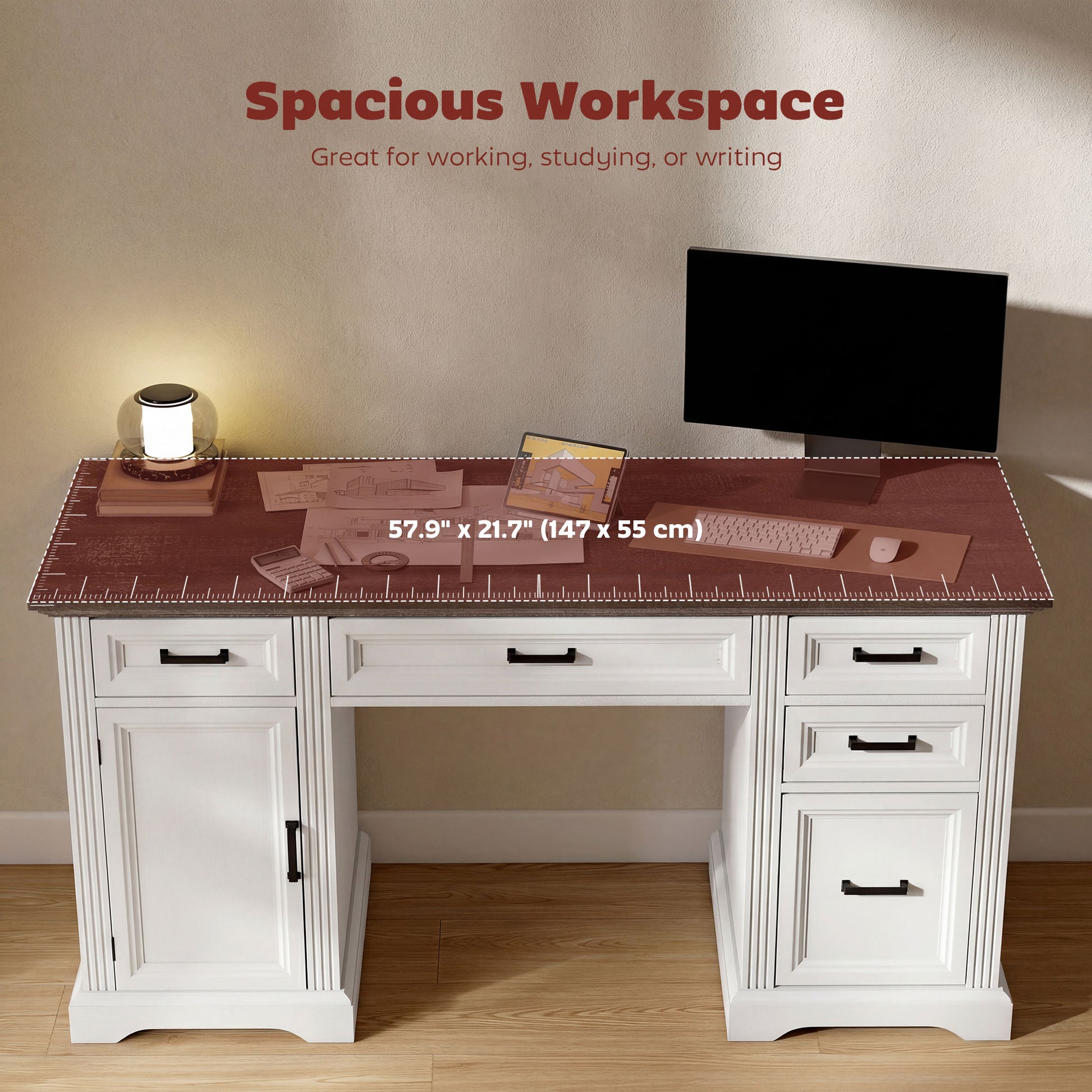 58" Farmhouse Executive Desk with File Drawer - White-DECOROLALA